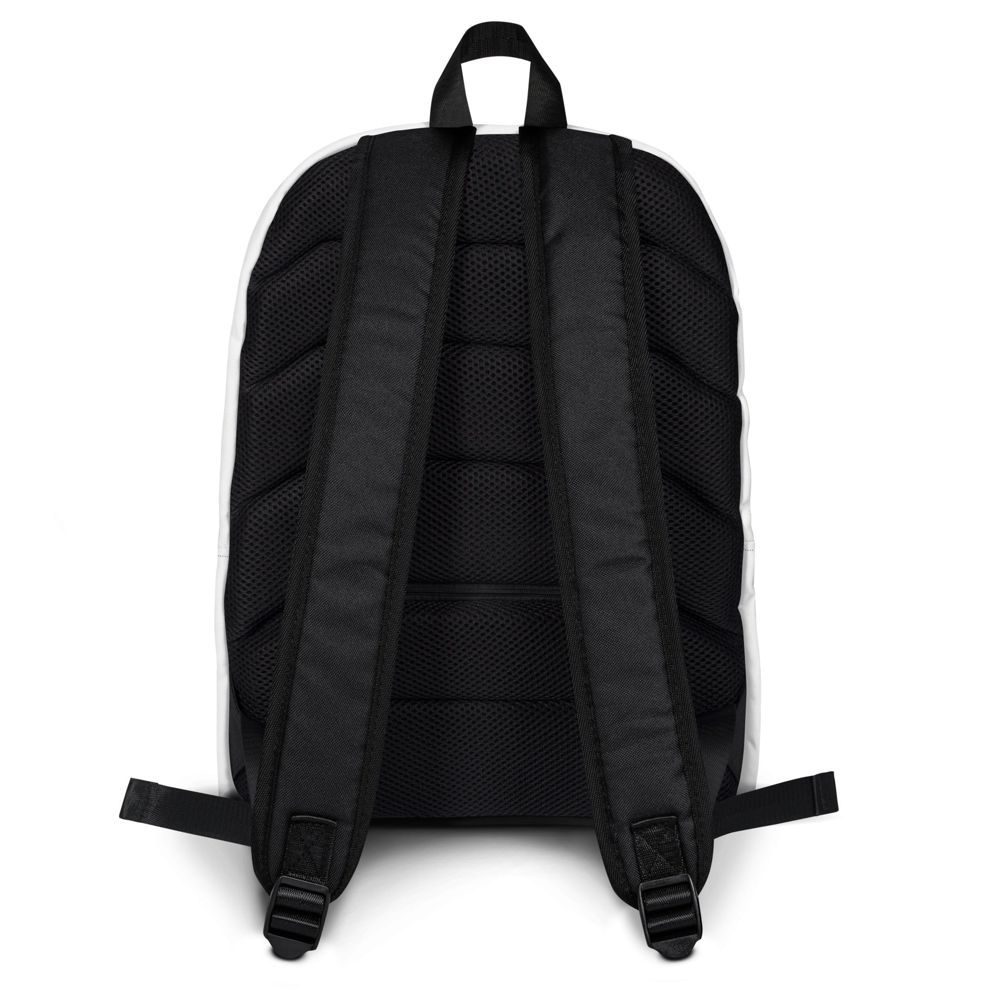 The back of the white backpack, featuring a hand-drawn, culturally inspired design of two mirrored faces in bold black and teal on the main panel, and an intricate teal spiral motif on the pocket, celebrating self-expression and individuality in modern bohemian style fashion by K.L.O.E.