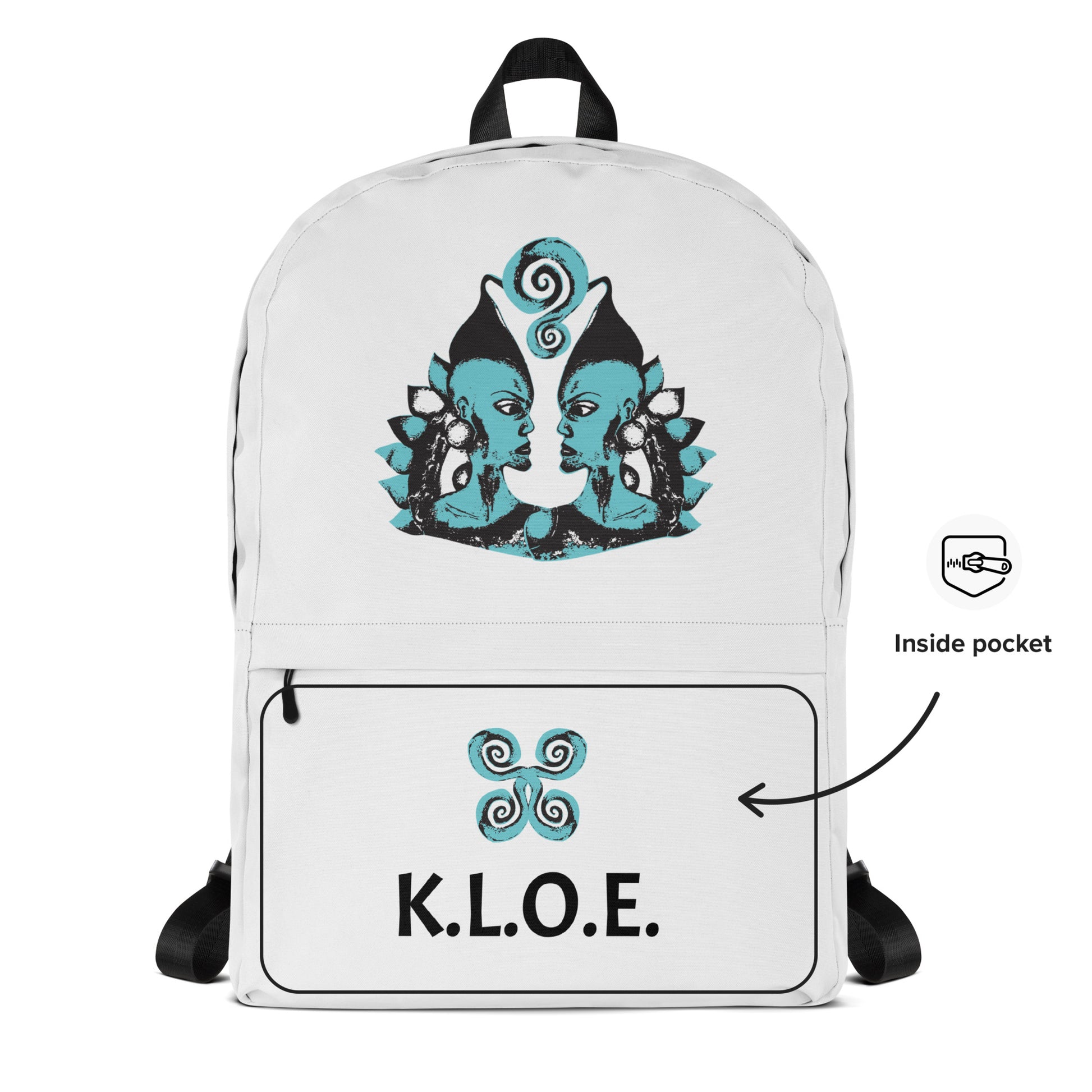 The view of the inside of the front pocket of the white backpack with a spacious front pocket, featuring a hand-drawn, culturally inspired design of two mirrored faces in bold black and teal on the main panel, and an intricate teal spiral motif on the pocket, celebrating self-expression and individuality in modern bohemian style fashion by K.L.O.E.
