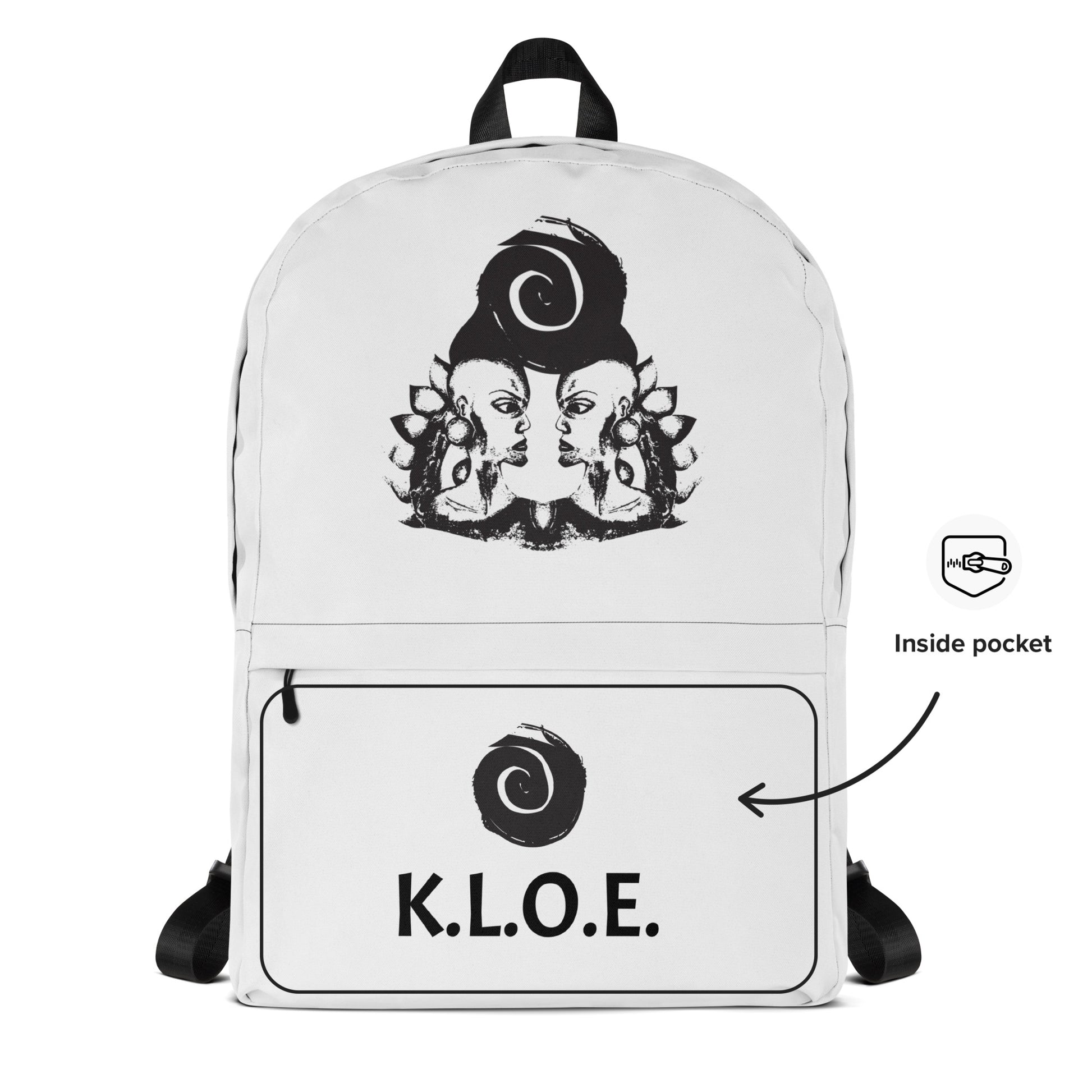 The inside pocket view of the white backpack featuring a hand-drawn, culturally inspired design of two mirrored faces in bold black on the main panel, paired with a striking black spiral motif on the spacious front pocket, celebrating self-expression and individuality in modern bohemian style fashion by K.L.O.E.