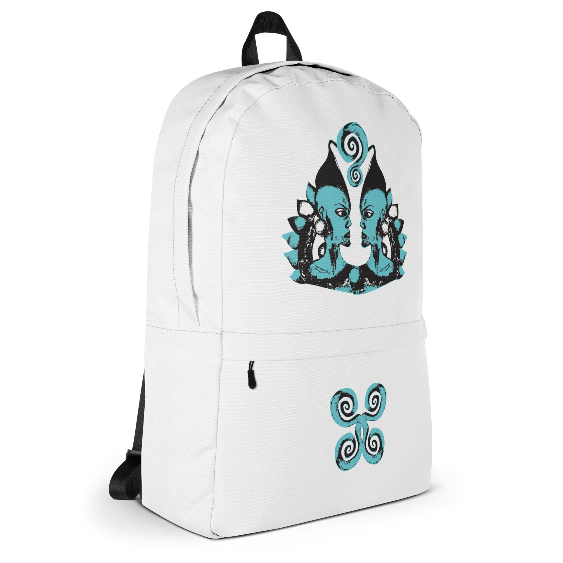 White backpack with a spacious front pocket, featuring a hand-drawn, culturally inspired design of two mirrored faces in bold black and teal on the main panel, and an intricate teal spiral motif on the pocket, celebrating self-expression and individuality in modern bohemian style fashion by K.L.O.E.
