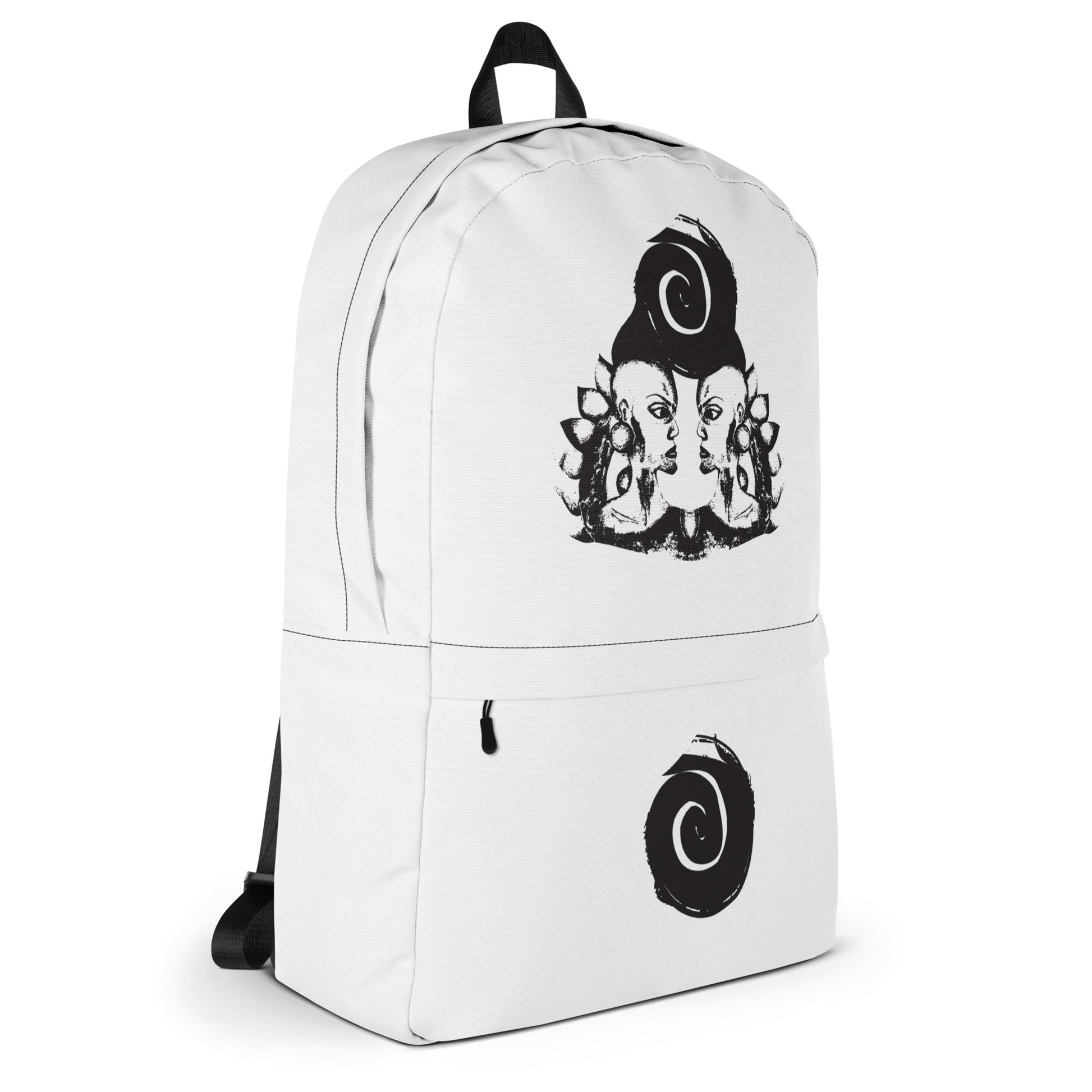 White backpack featuring a hand-drawn, culturally inspired design of two mirrored faces in bold black on the main panel, paired with a striking black spiral motif on the spacious front pocket, celebrating self-expression and individuality in modern bohemian style fashion by K.L.O.E.
