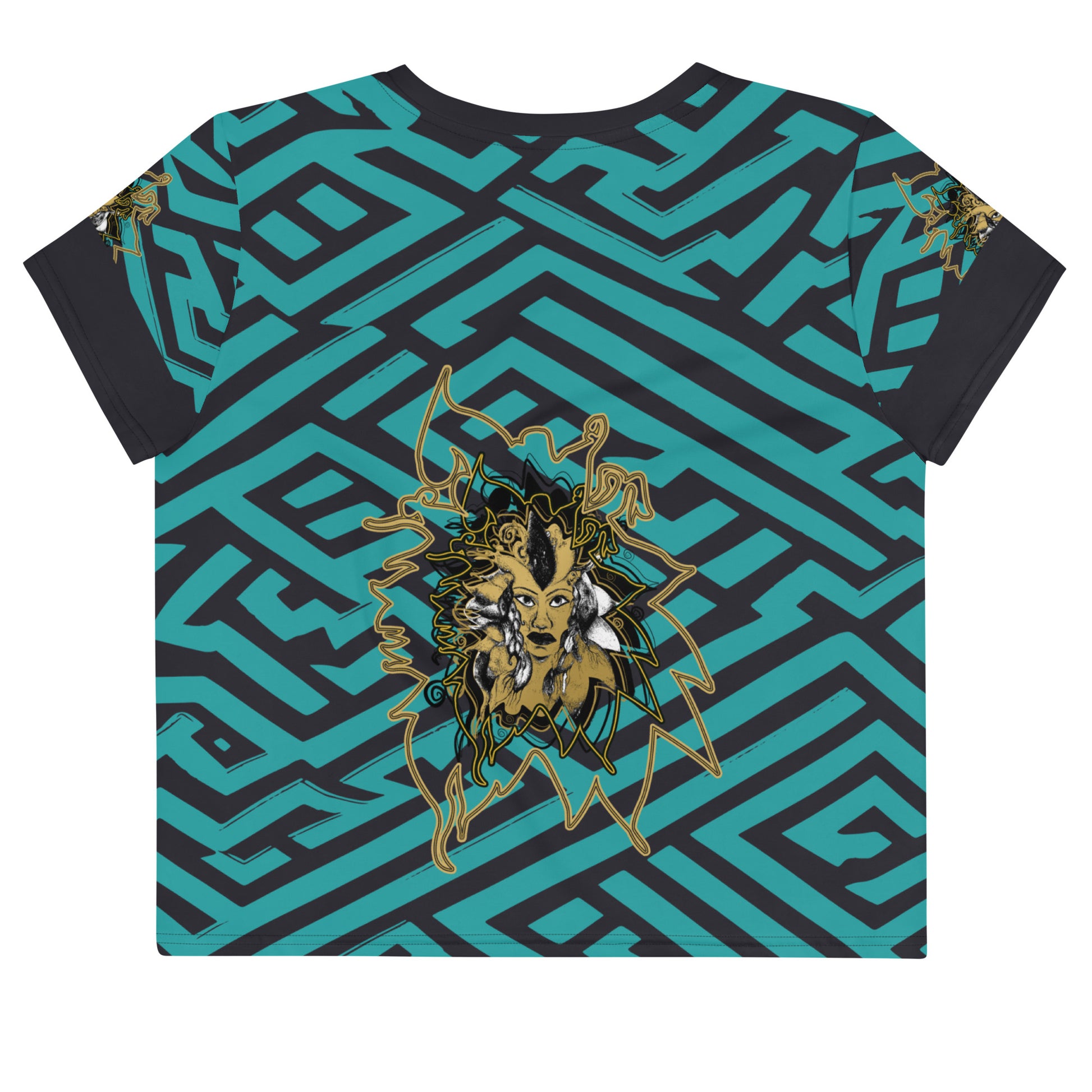 Front view of a vibrant blue and black geometric patterned crop top with a bold graphic centerpiece, perfect for streetwear fashion.
