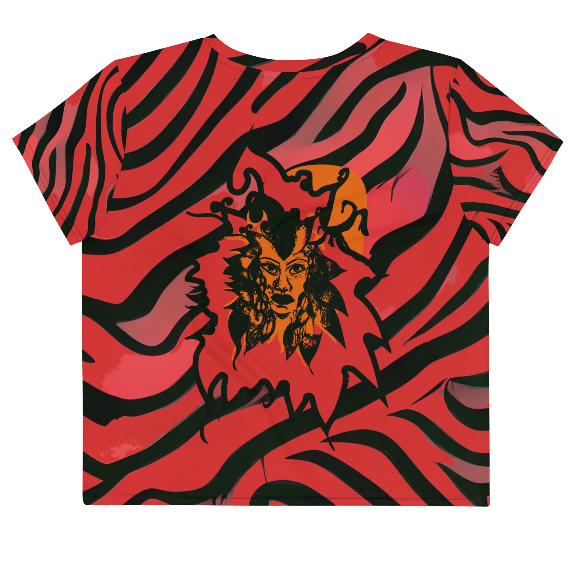 Bold red and black crop tee from Kloe Store featuring a striking artistic face design and abstract swirling patterns, showcasing trendy and edgy streetwear fashion, back view.