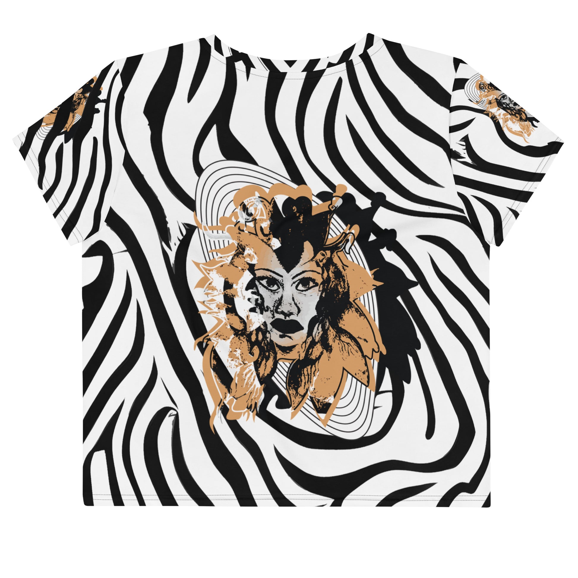 Black and white zebra print crop tee from Kloe Store featuring a bold artistic face design in the center, showcasing unique and edgy streetwear fashion.