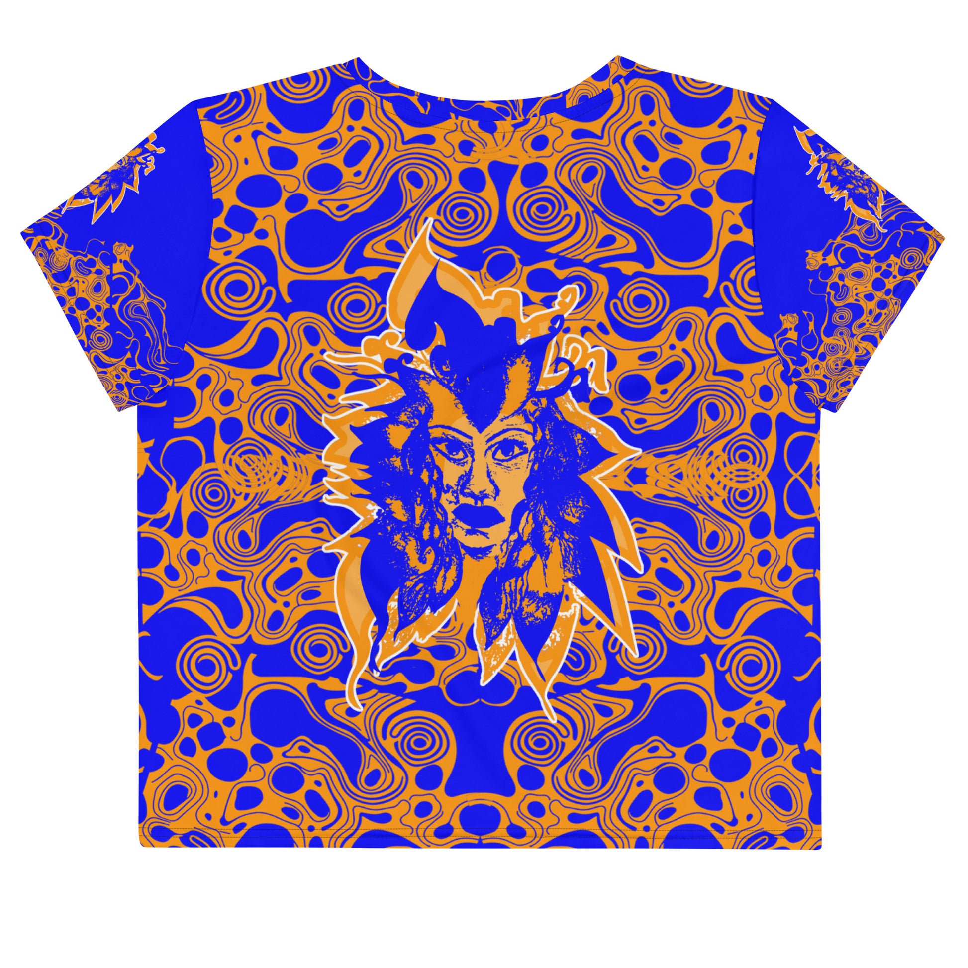 Bold blue and orange crop t-shirt from Kloe Store featuring intricate abstract patterns and a central artistic face design, offering a stylish and edgy streetwear look.