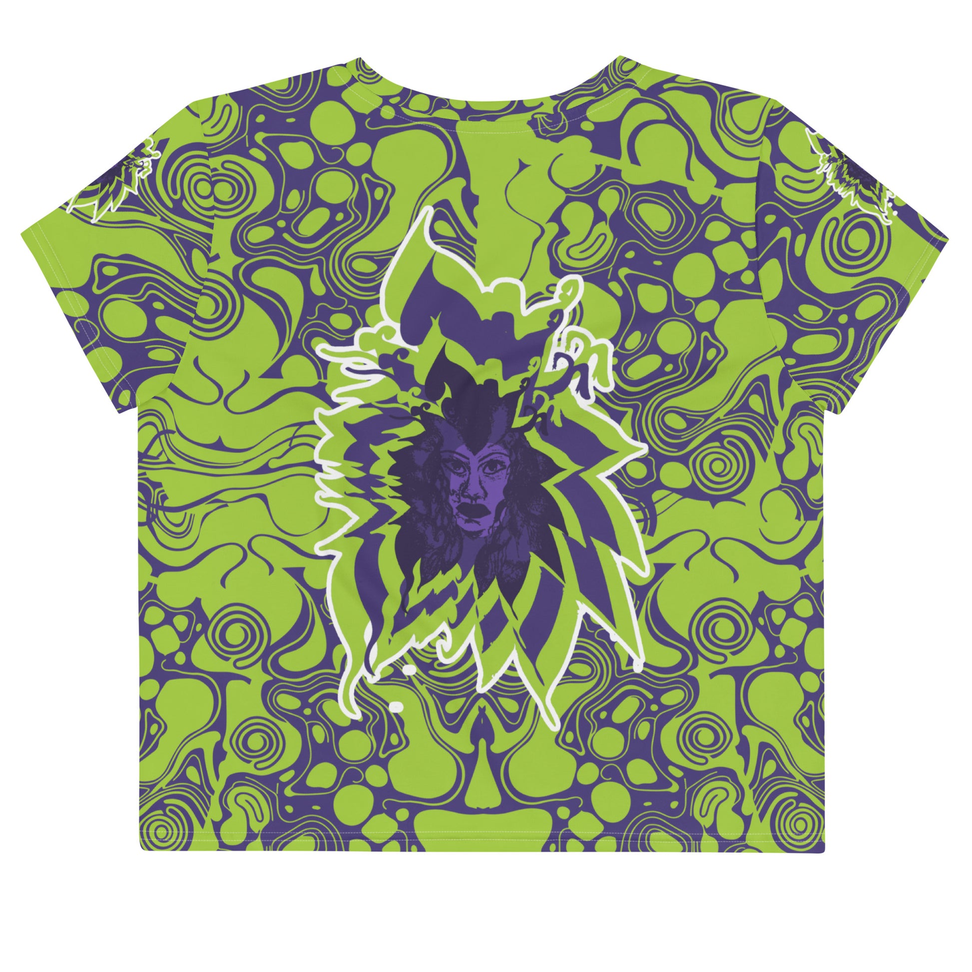 Green and purple crop tee from Kloe Store featuring bold abstract patterns and a unique central artistic face design, perfect for a trendy and edgy streetwear style.