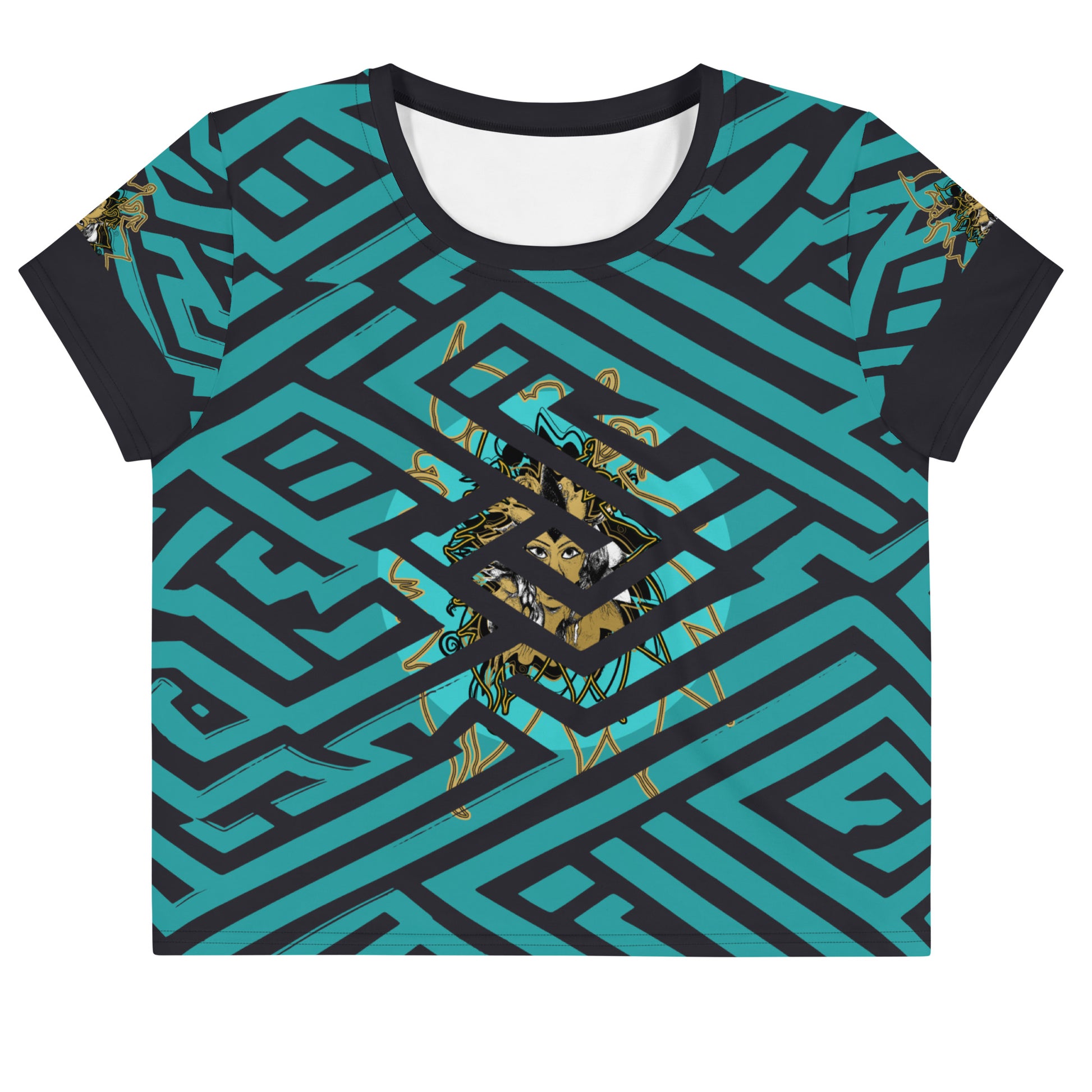 Front view of a vibrant blue and black geometric patterned crop top with a bold graphic centerpiece, perfect for streetwear fashion.