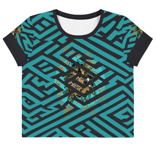 Front view of a vibrant blue and black geometric patterned crop top with a bold graphic centerpiece, perfect for streetwear fashion.