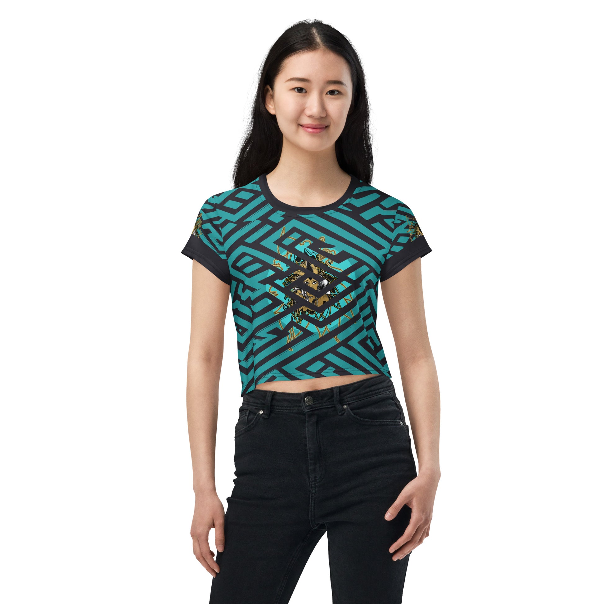 Front view of a vibrant blue and black geometric patterned crop top with a bold graphic centerpiece, perfect for streetwear fashion.
