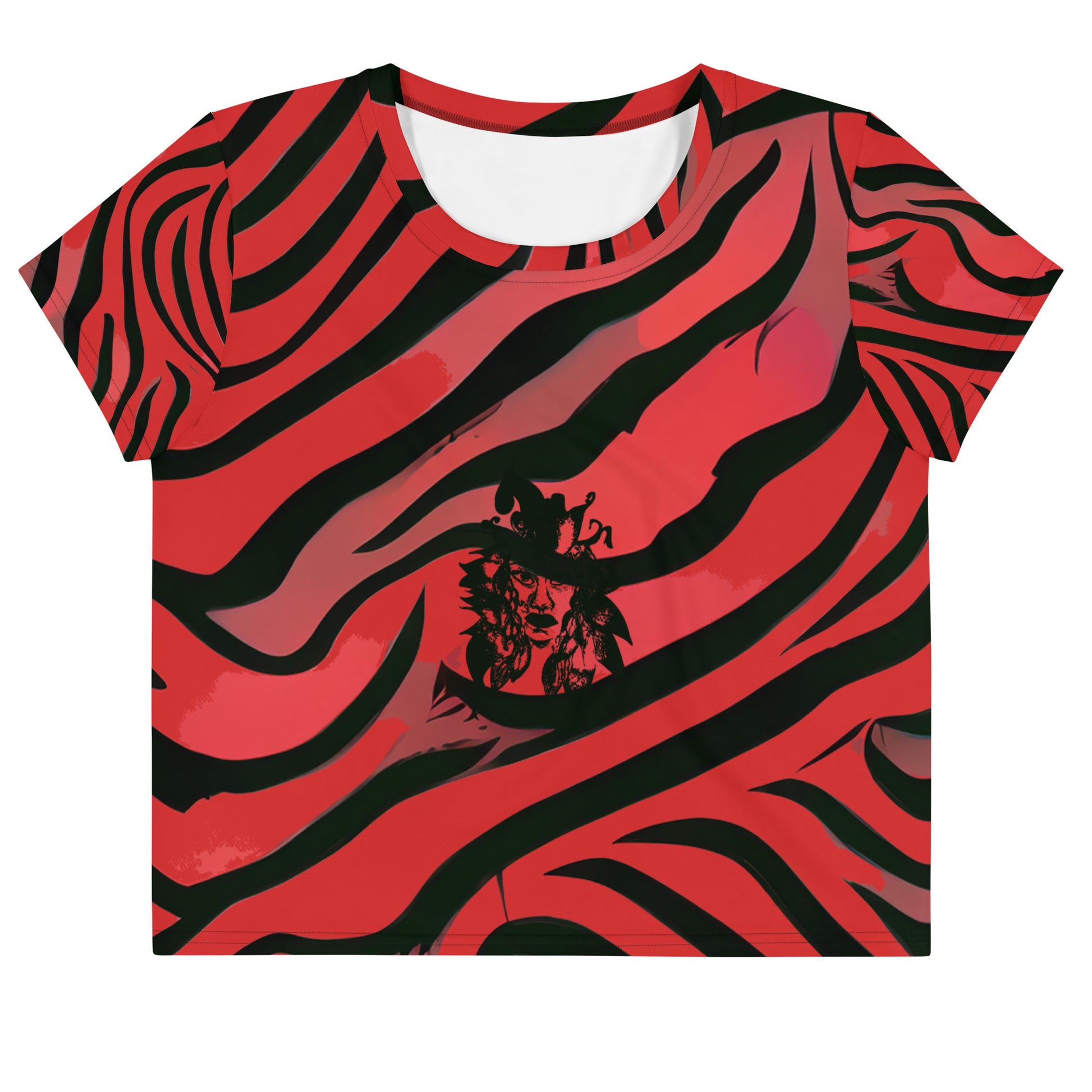 Bold red and black crop tee from Kloe Store featuring a striking artistic face design and abstract swirling patterns, showcasing trendy and edgy streetwear fashion, front view.