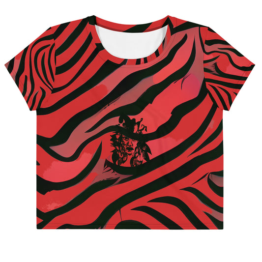 Bold red and black crop tee from Kloe Store featuring a striking artistic face design and abstract swirling patterns, showcasing trendy and edgy streetwear fashion, front view.