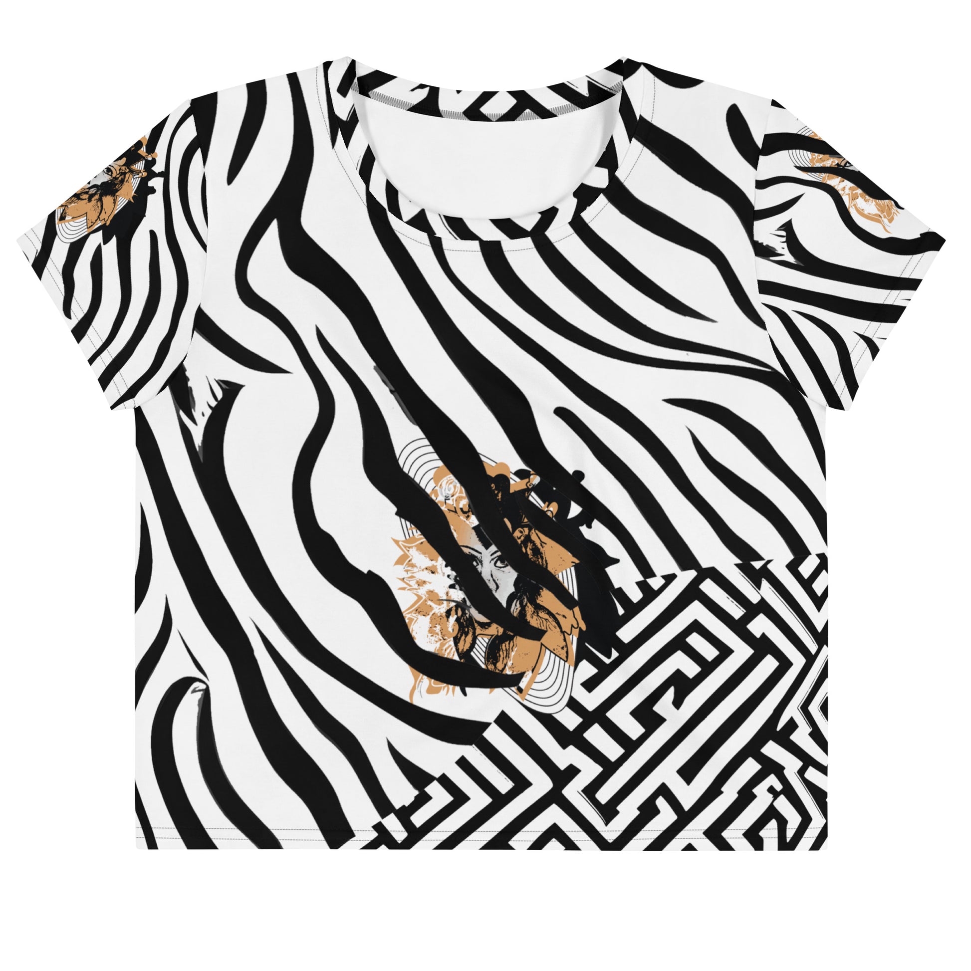 Black and white zebra print crop tee from Kloe Store featuring a bold artistic face design in the center, showcasing unique and edgy streetwear fashion.