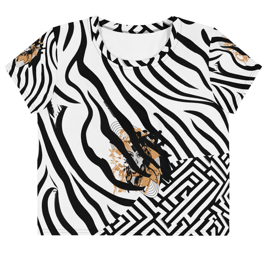 Black and white zebra print crop tee from Kloe Store featuring a bold artistic face design in the center, showcasing unique and edgy streetwear fashion.