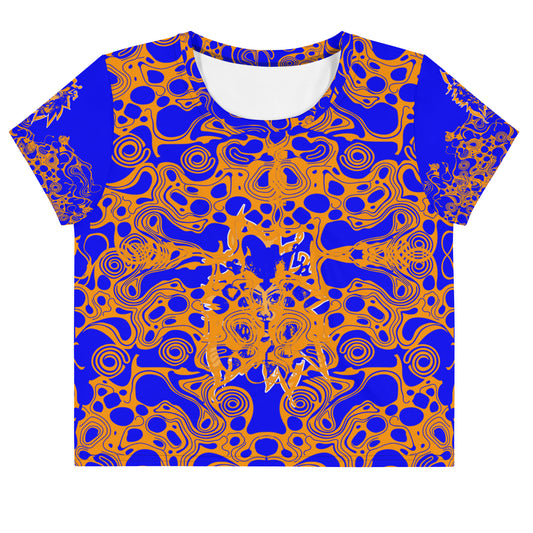 Bold blue and orange crop t-shirt from Kloe Store featuring intricate abstract patterns and a central artistic face design, offering a stylish and edgy streetwear look.
