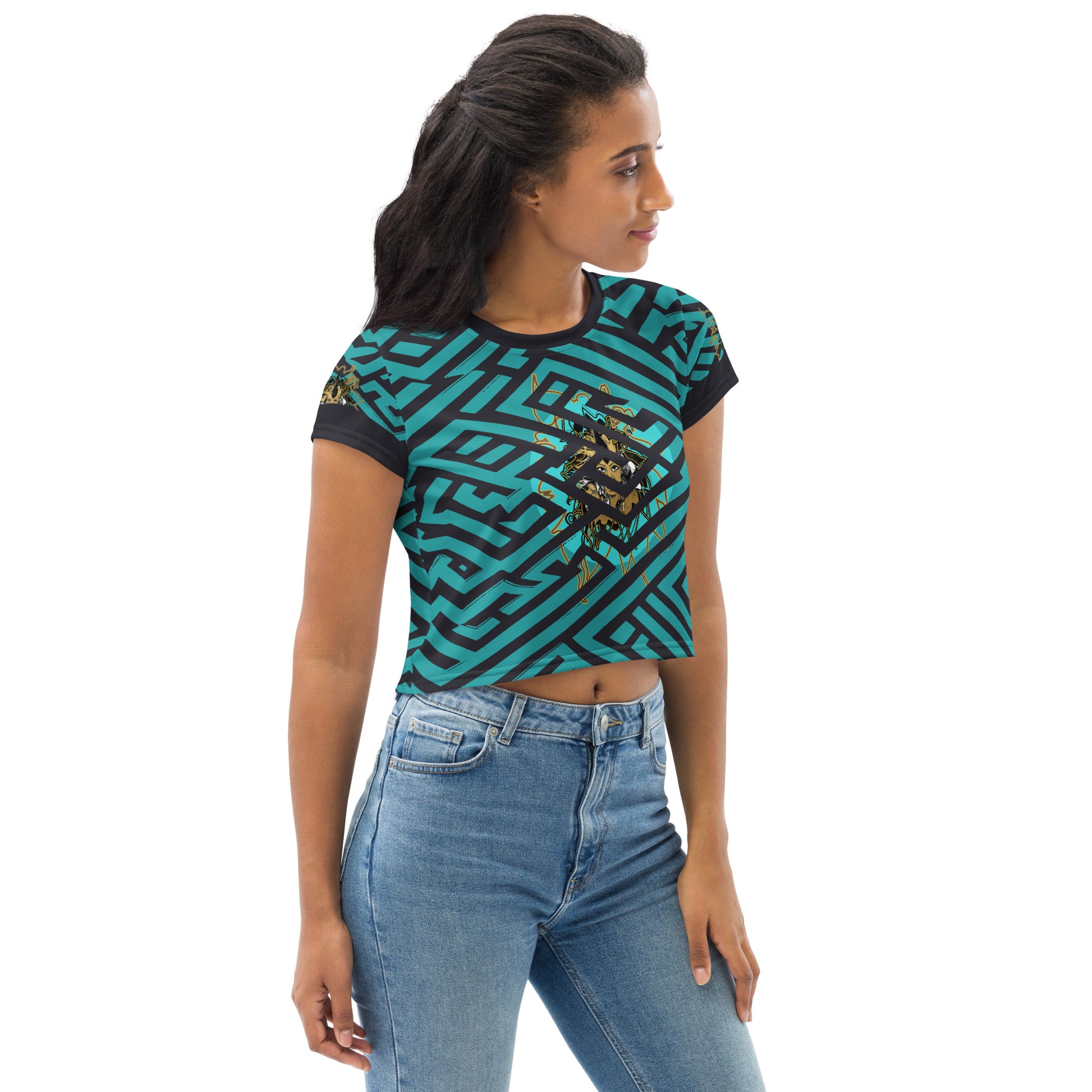 Front view of a vibrant blue and black geometric patterned crop top with a bold graphic centerpiece, perfect for streetwear fashion.