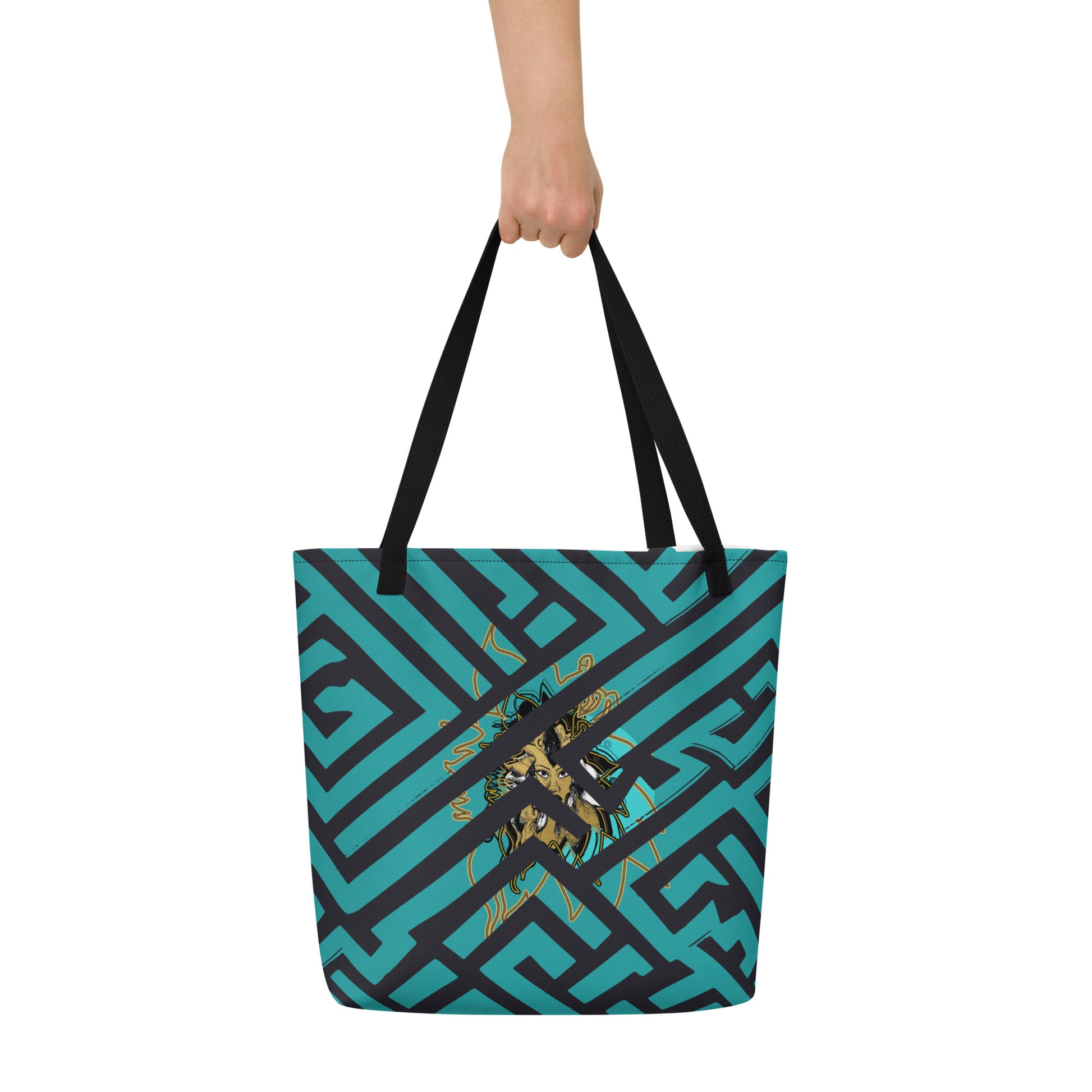 Large Kloe Store tote bag with bold green and black geometric pattern and central artistic face design, featuring black straps, perfect for stylish and functional everyday use.
