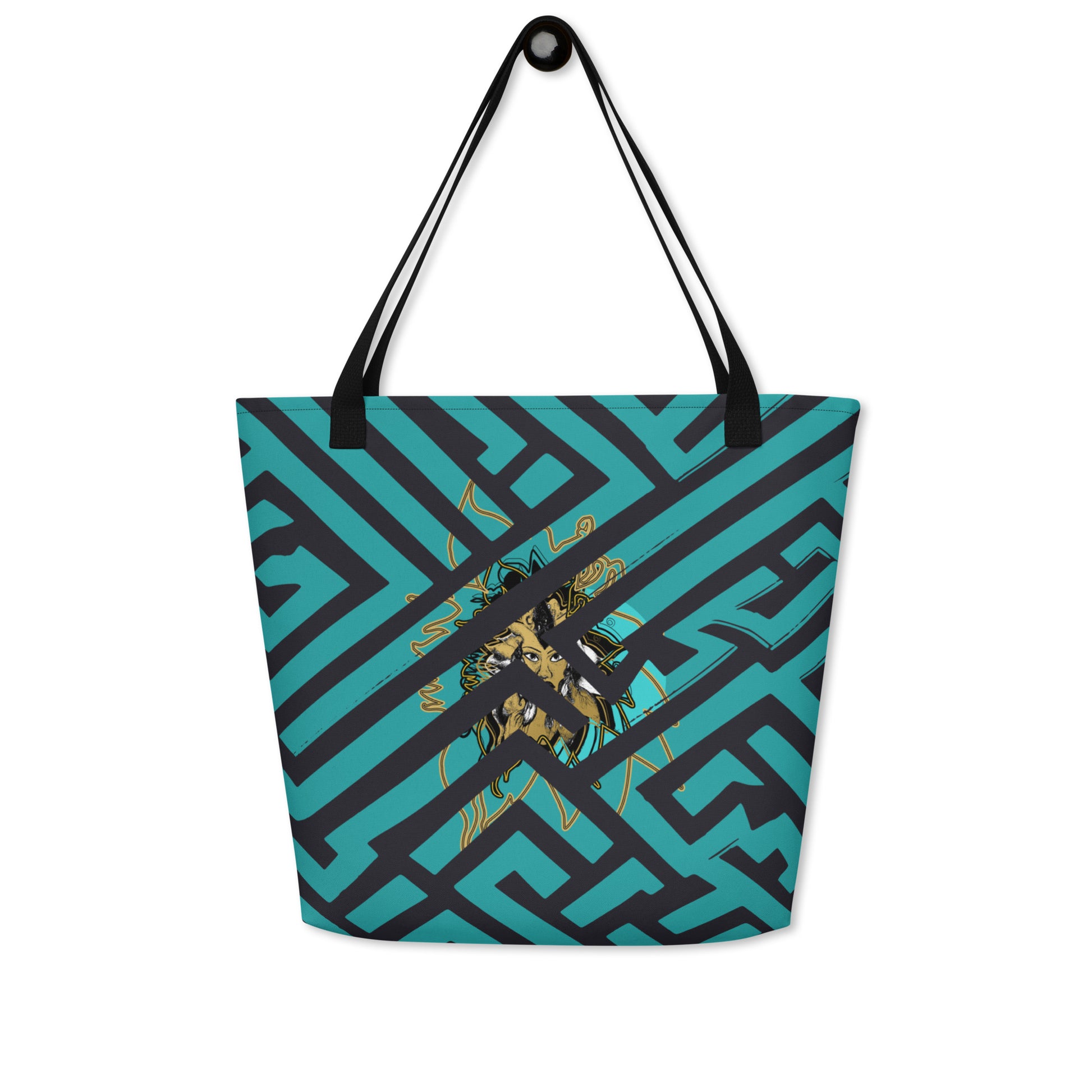 Large Kloe Store tote bag with bold green and black geometric pattern and central artistic face design, featuring black straps, perfect for stylish and functional everyday use.