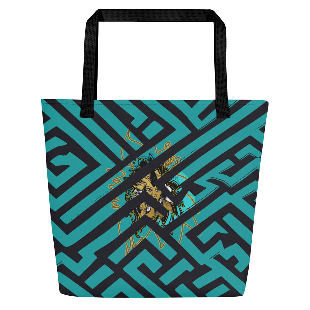 Large Kloe Store tote bag with bold green and black geometric pattern and central artistic face design, featuring black straps, perfect for stylish and functional everyday use.