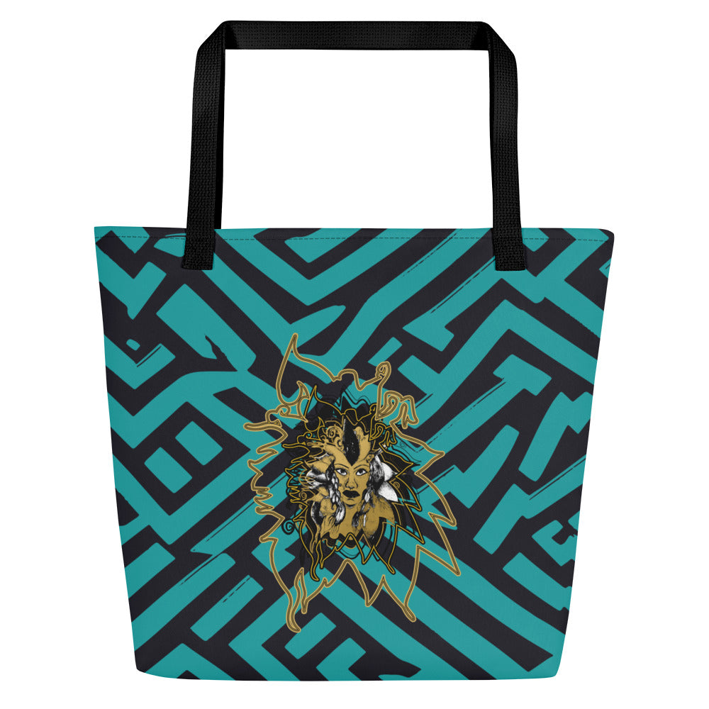Large Kloe Store tote bag with bold green and black geometric pattern and central artistic face design, featuring black straps, perfect for stylish and functional everyday use.