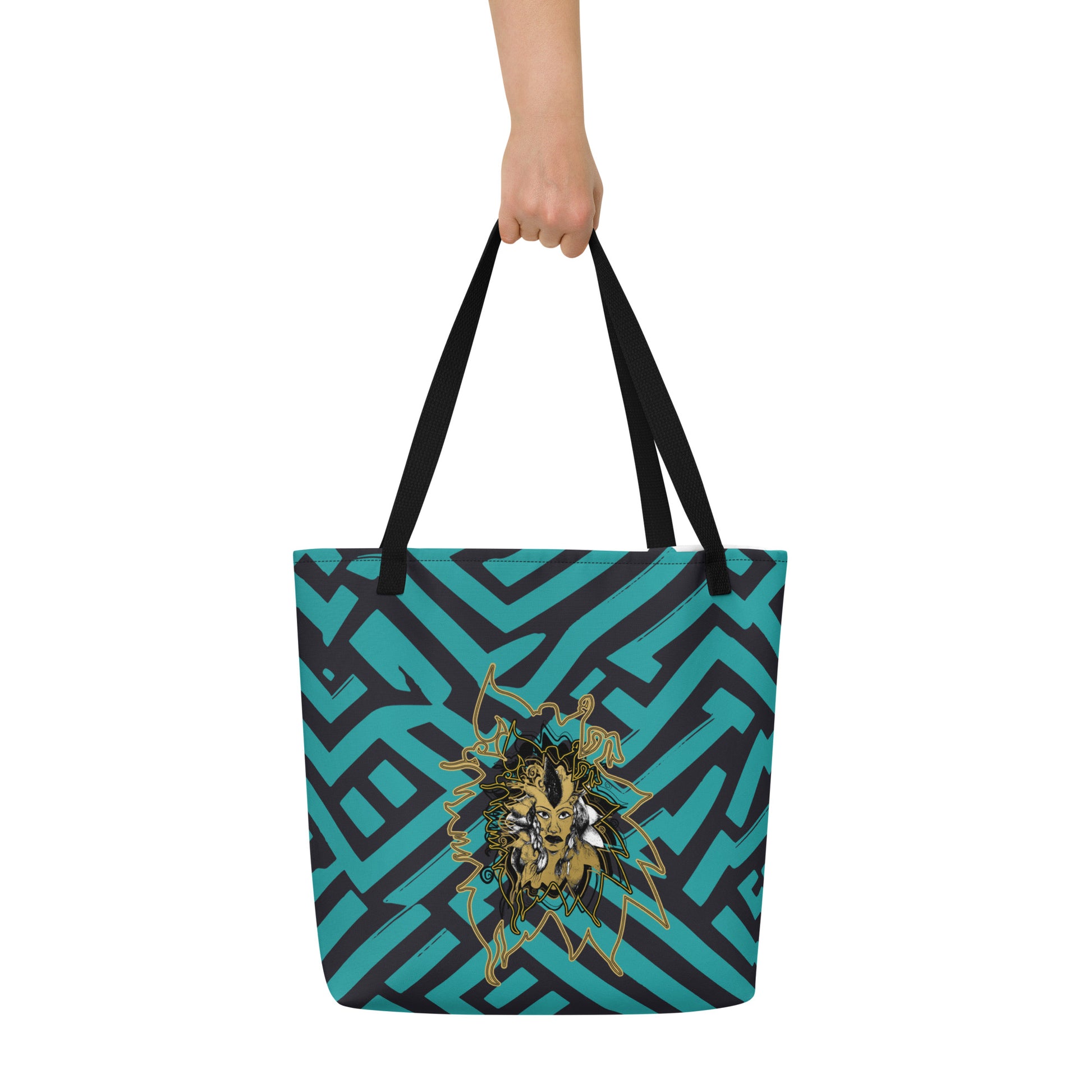 Large Kloe Store tote bag with bold green and black geometric pattern and central artistic face design, featuring black straps, perfect for stylish and functional everyday use.