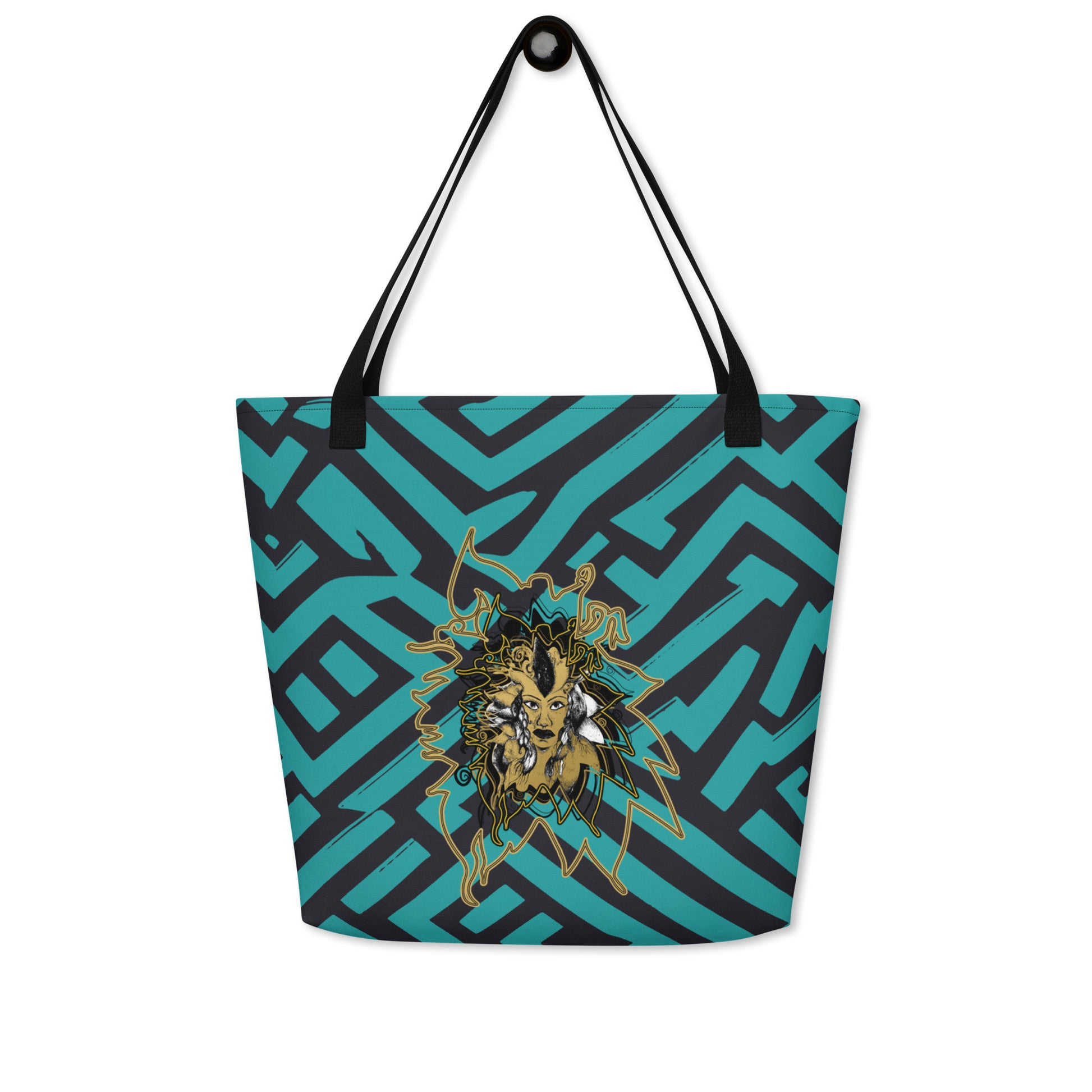 Large Kloe Store tote bag with bold green and black geometric pattern and central artistic face design, featuring black straps, perfect for stylish and functional everyday use.