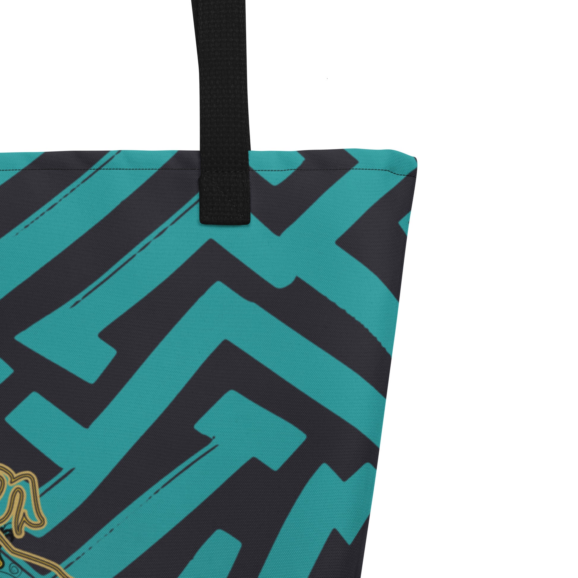 Large Kloe Store tote bag with bold green and black geometric pattern and central artistic face design, featuring black straps, perfect for stylish and functional everyday use.