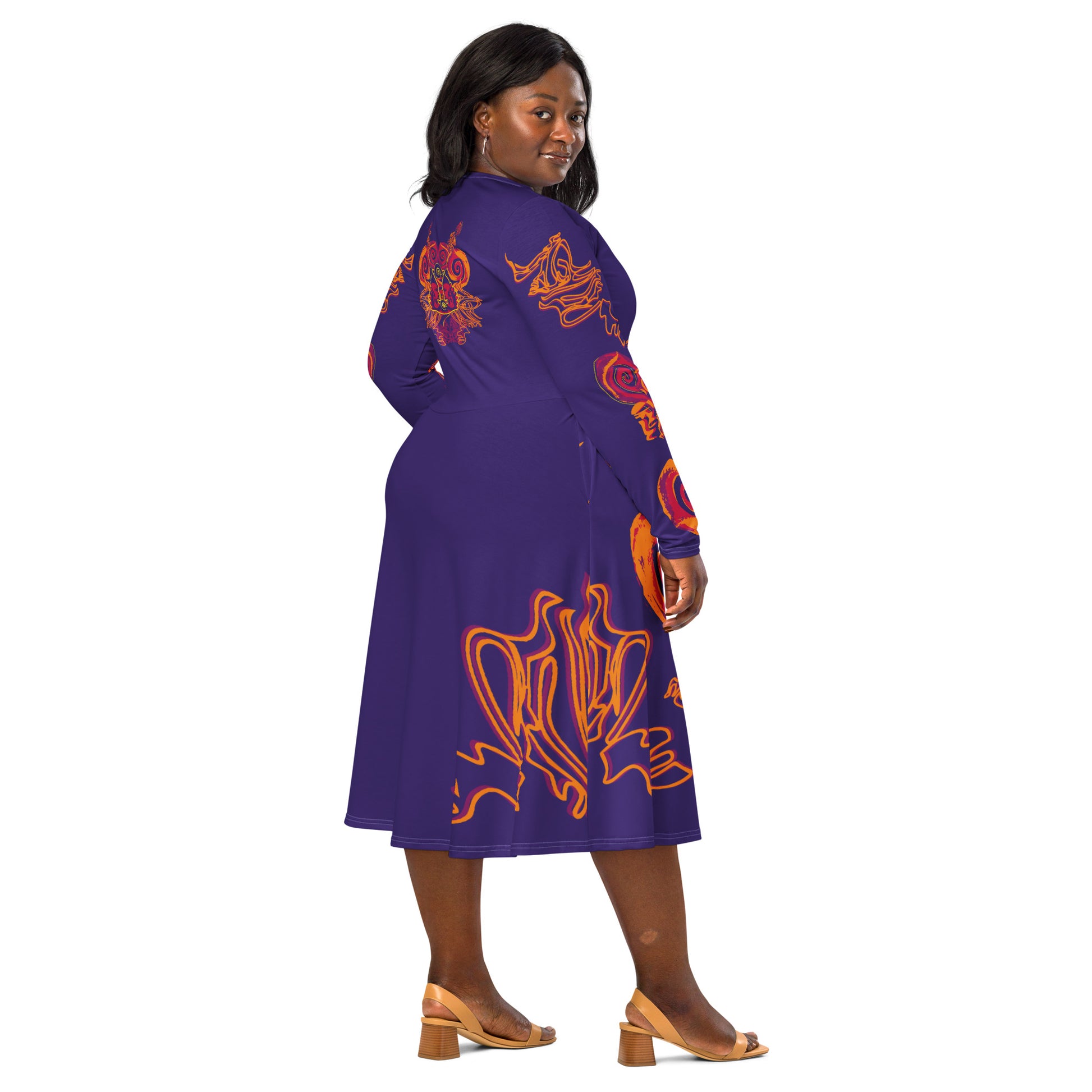Bold purple long sleeve dress with vibrant orange and red culturally inspired patterns, featuring mirrored face design and swirling motifs — expressive fashion from KLOE’s The Secret Chambers of I & I collection, on  a model.