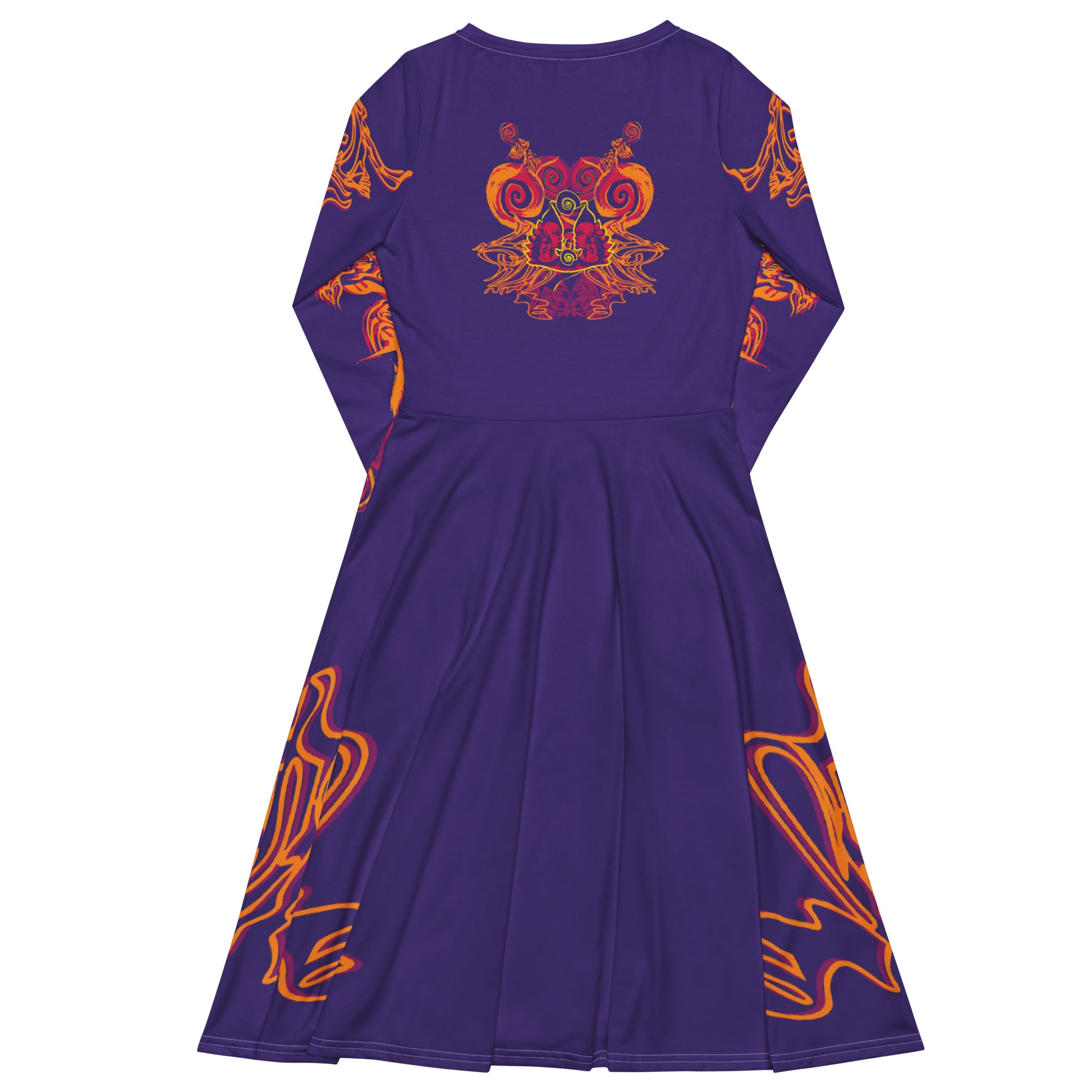 Bold purple long sleeve dress with vibrant orange and red culturally inspired patterns, featuring mirrored face design and swirling motifs — expressive fashion from KLOE’s The Secret Chambers of I & I collection, on a model.
