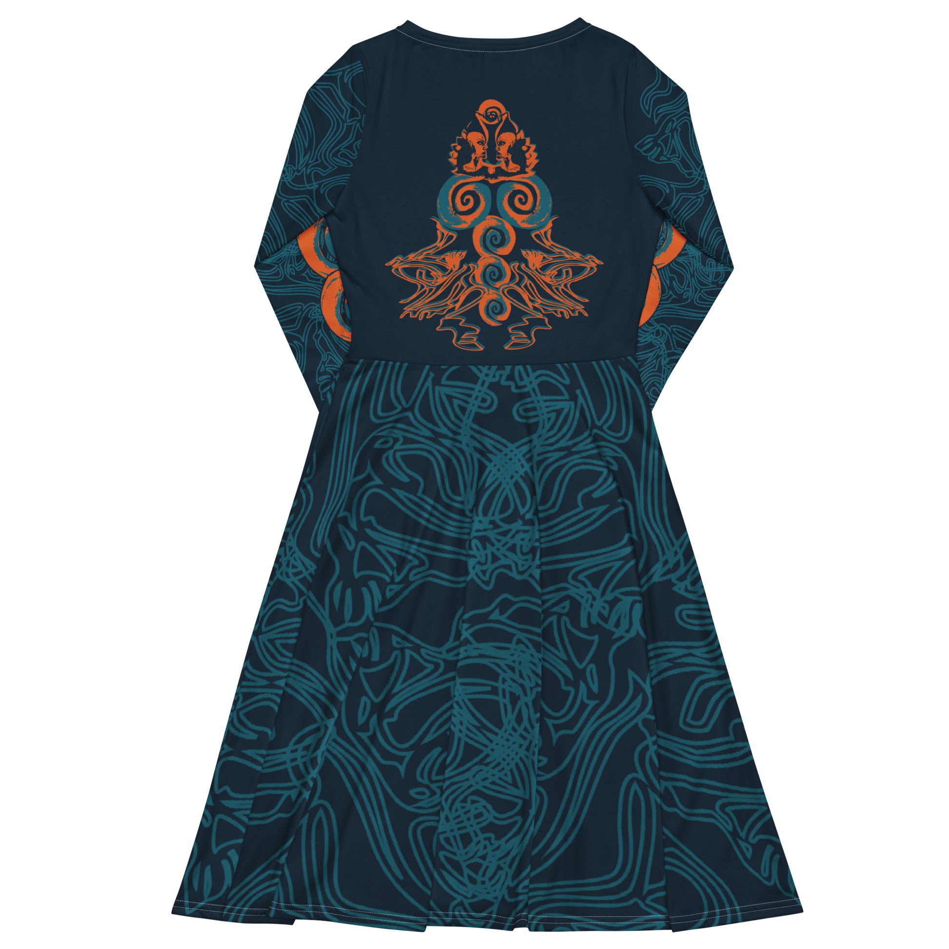 Back view of a navy blue long-sleeve dress featuring intricate cyan patterns, an orange mirrored face motif, and a flowing fit-and-flare silhouette.