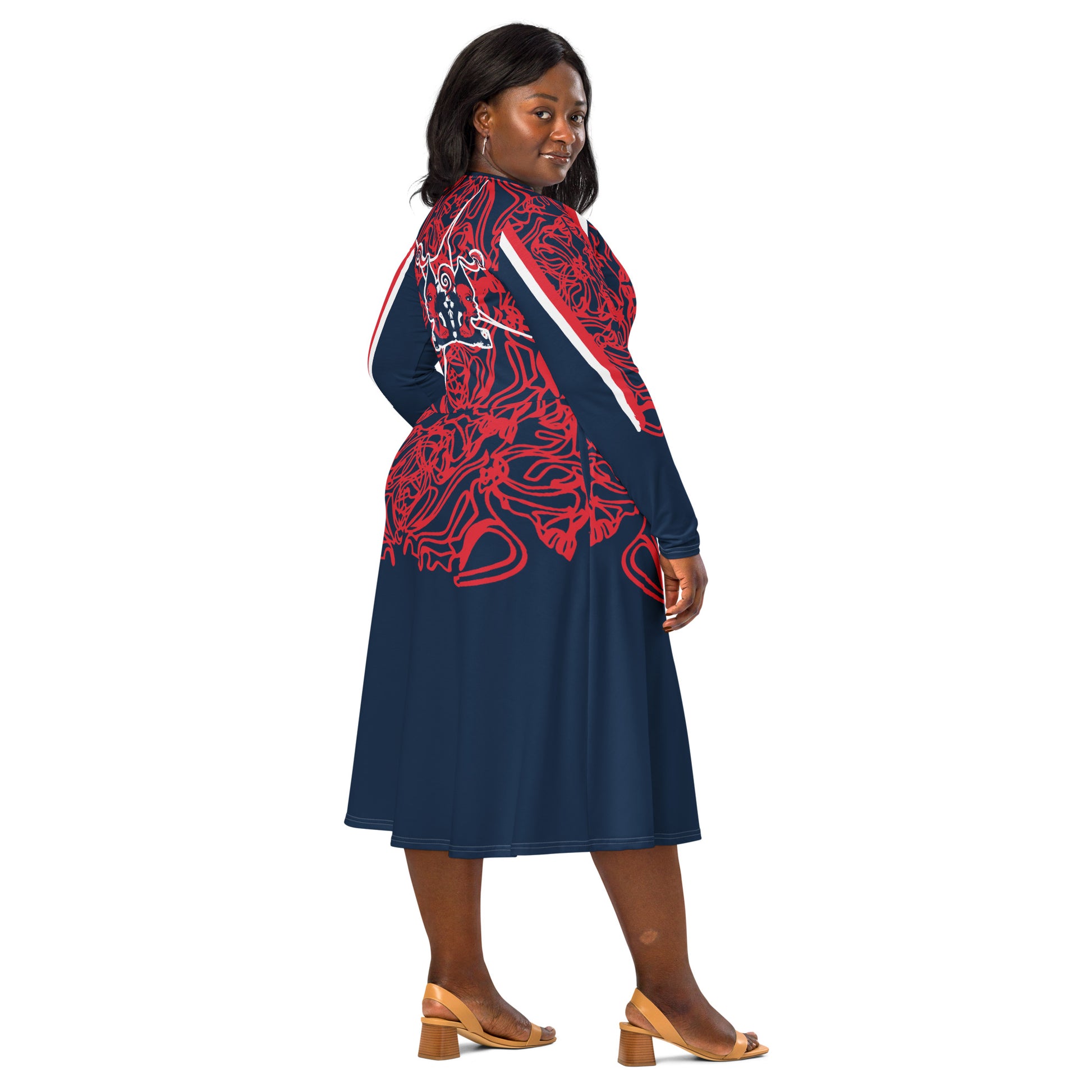 Bold navy and red streetwear dress featuring hand-drawn tribal patterns and mirrored face design, culturally inspired and crafted for a modern, edgy look – KLOE fashion.
