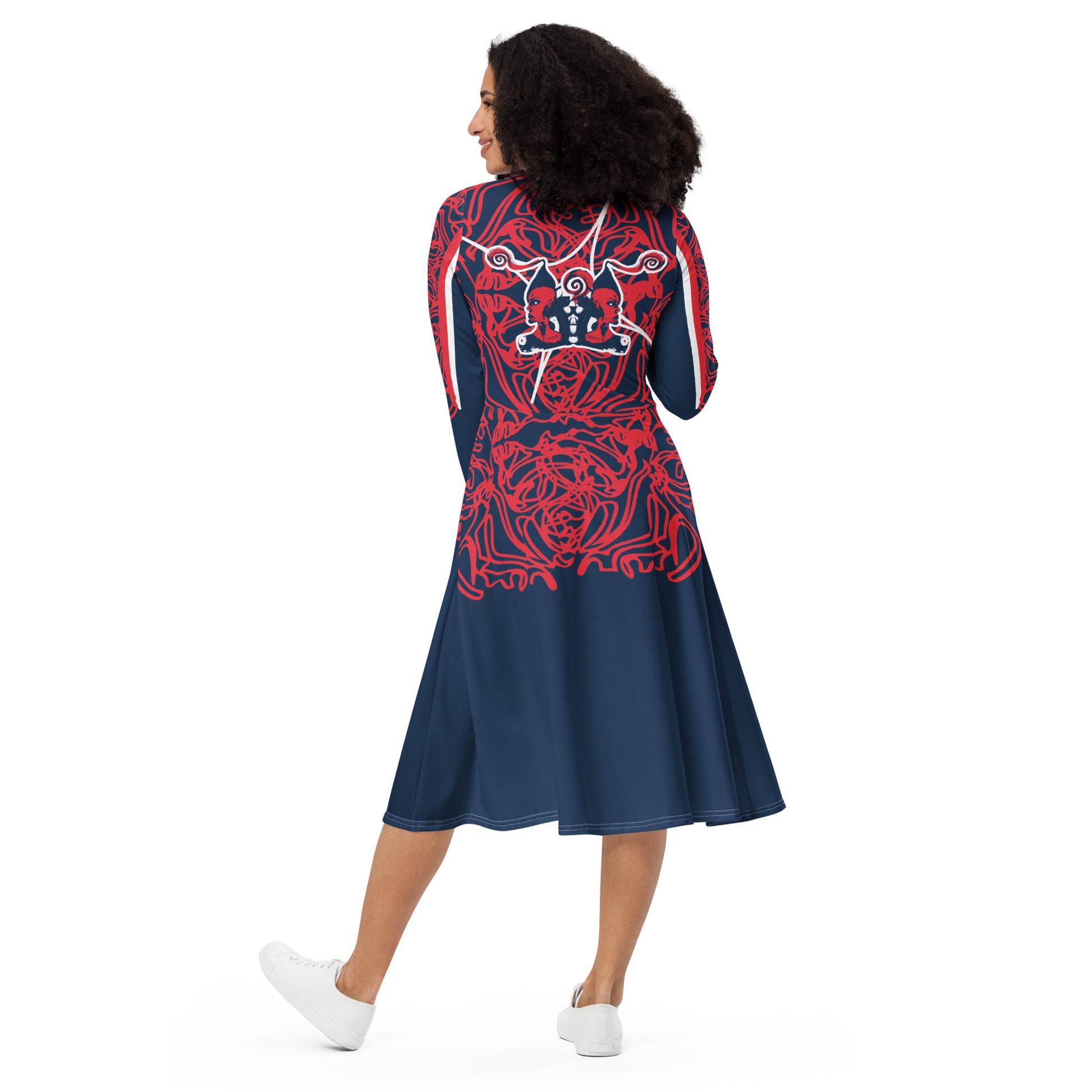 Bold navy and red streetwear dress featuring hand-drawn tribal patterns and mirrored face design, culturally inspired and crafted for a modern, edgy look – KLOE fashion.