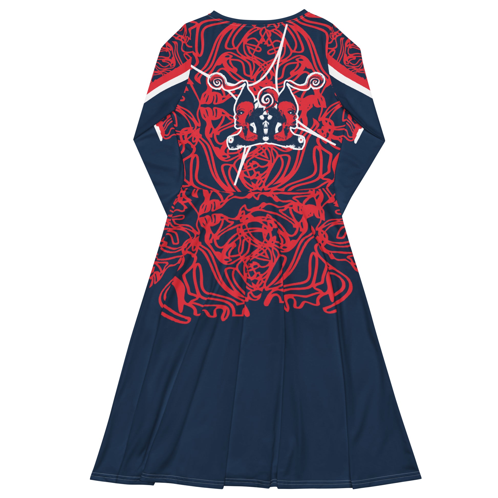 Bold navy and red streetwear dress featuring hand-drawn tribal patterns and mirrored face design, culturally inspired and crafted for a modern, edgy look – KLOE fashion.