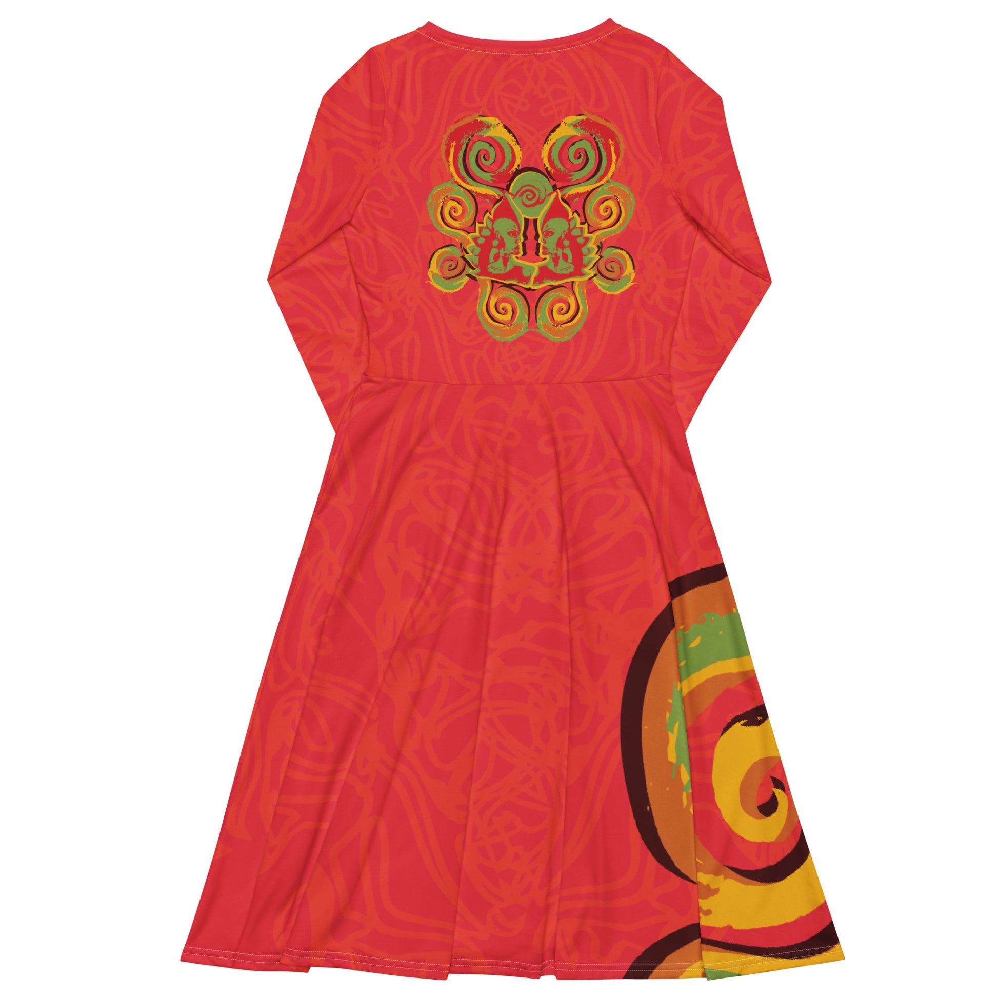 Red dress with vibrant swirl  details and mirrored face design on the back, inspired by cultural art and bold self-expression.