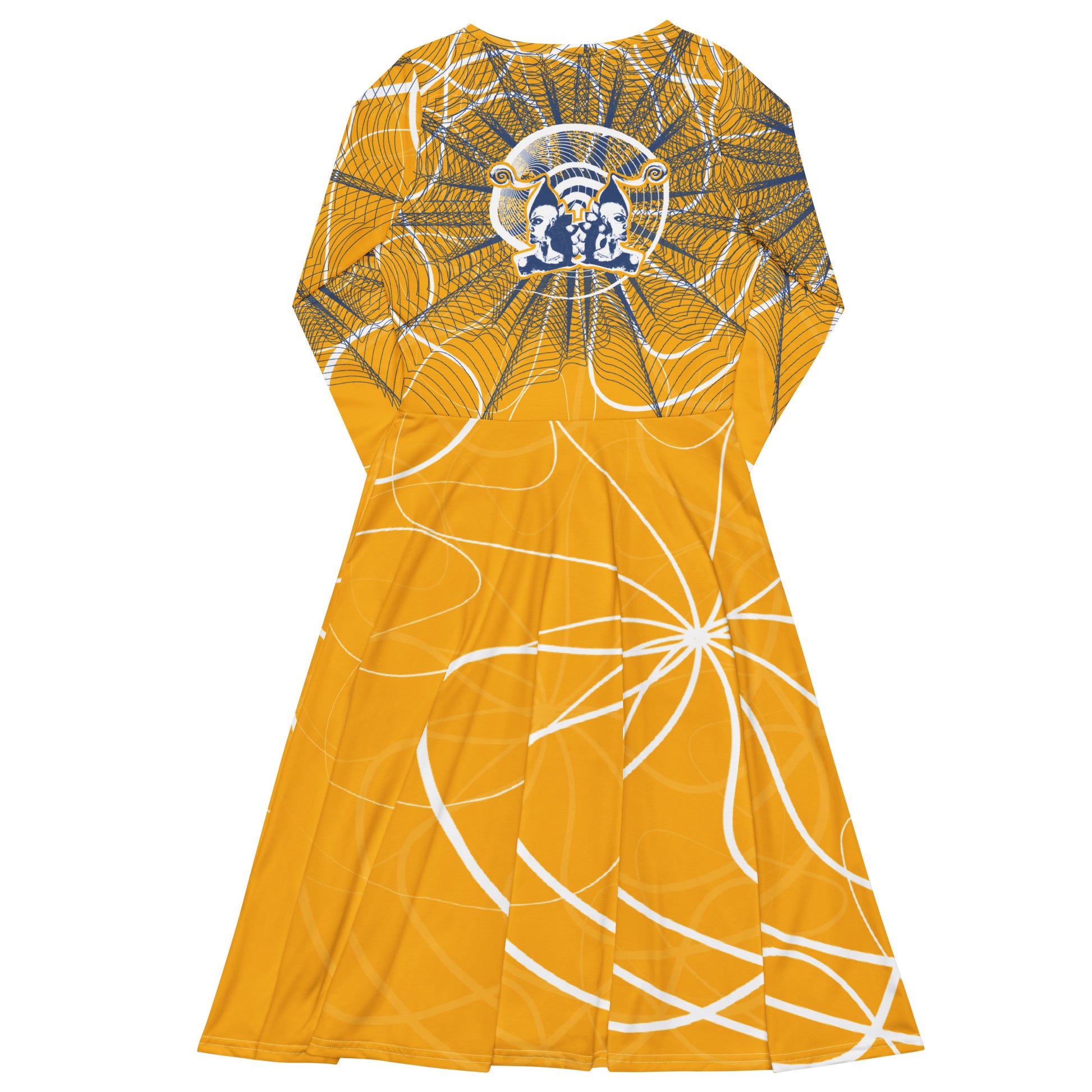 Back view of a golden yellow midi dress with navy web-style graphics and a mirrored face emblem across the upper back, combining cultural artistry with modern silhouette from the Secret Chambers of I and I collection.