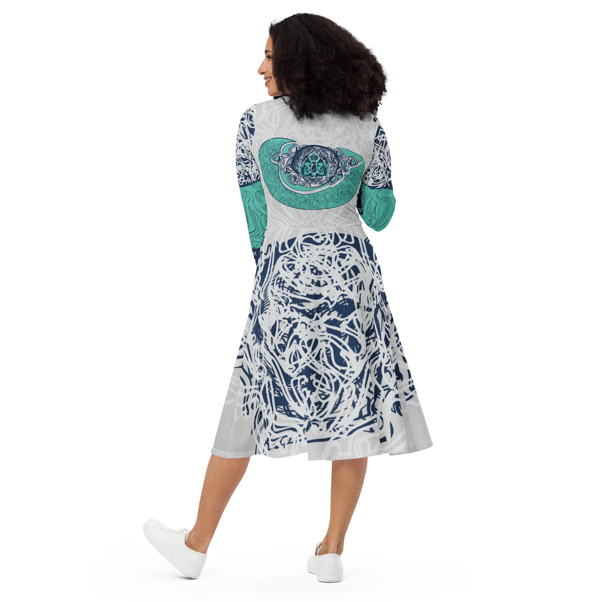 Long sleeve midi dress with full-body abstract print in navy and jade, featuring hand-drawn mirrored faces and layered spiral motifs—designed to express standout individuality.