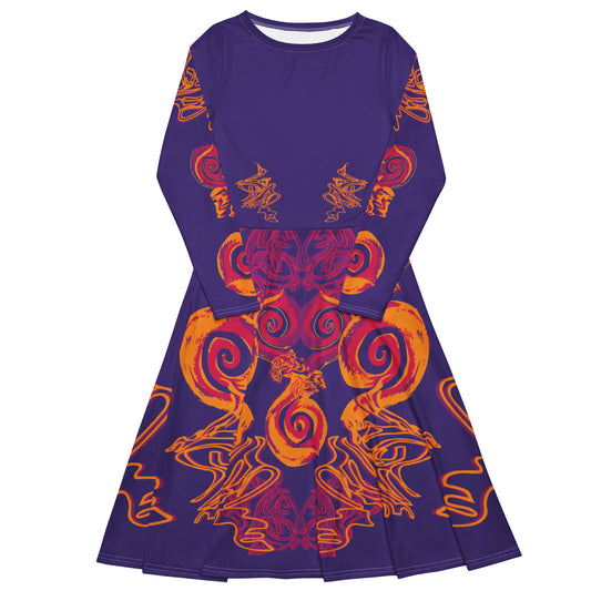 Bold purple long sleeve dress with vibrant orange and red culturally inspired patterns, featuring mirrored face design and swirling motifs — expressive fashion from KLOE’s The Secret Chambers of I & I collection.
