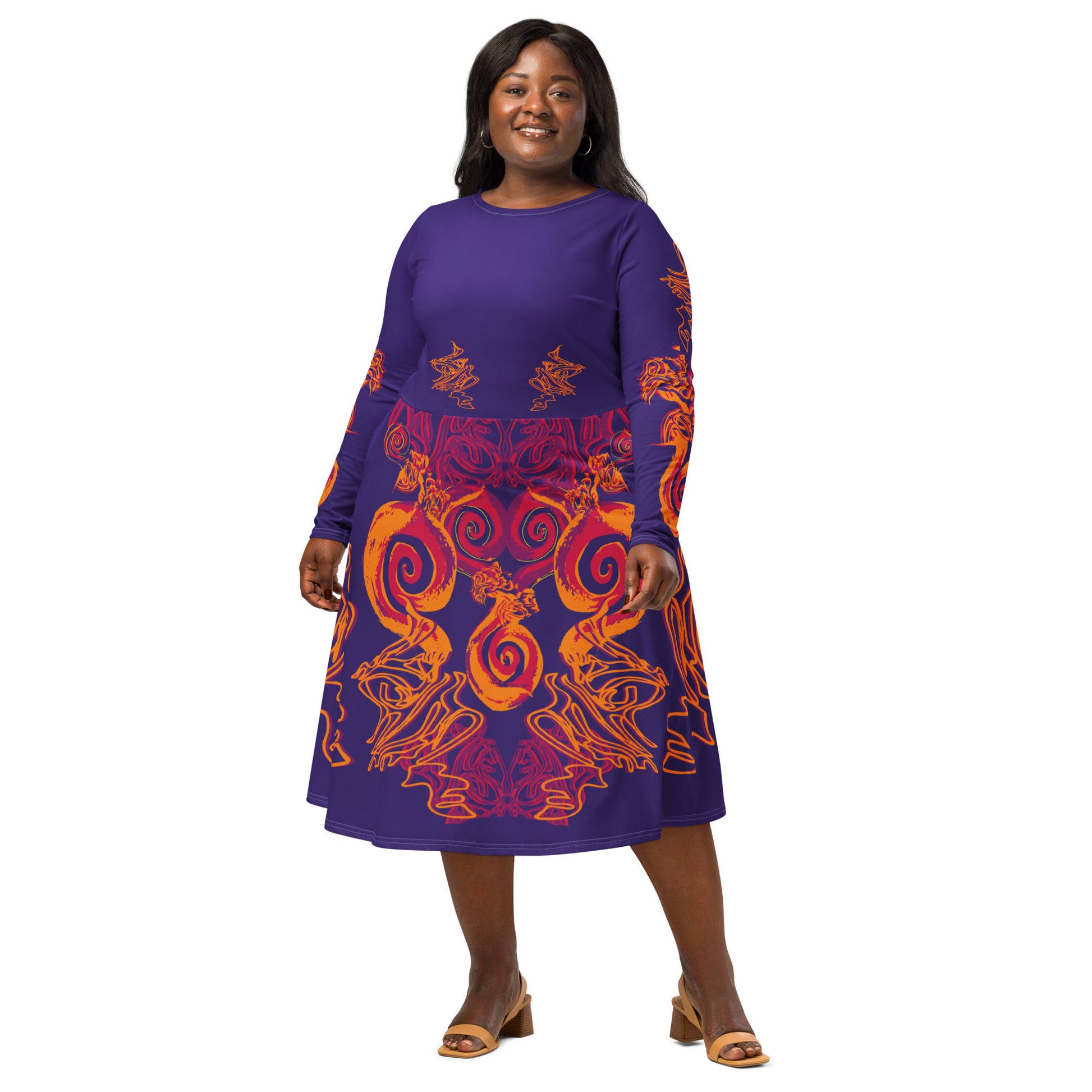 Bold purple long sleeve dress with vibrant orange and red culturally inspired patterns, featuring mirrored face design and swirling motifs — expressive fashion from KLOE’s The Secret Chambers of I & I collection, on a model.