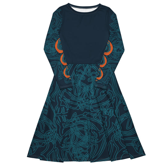Front view of a navy blue long-sleeve dress with swirling cyan line art, bold orange sleeve accents, and a fit-and-flare design.