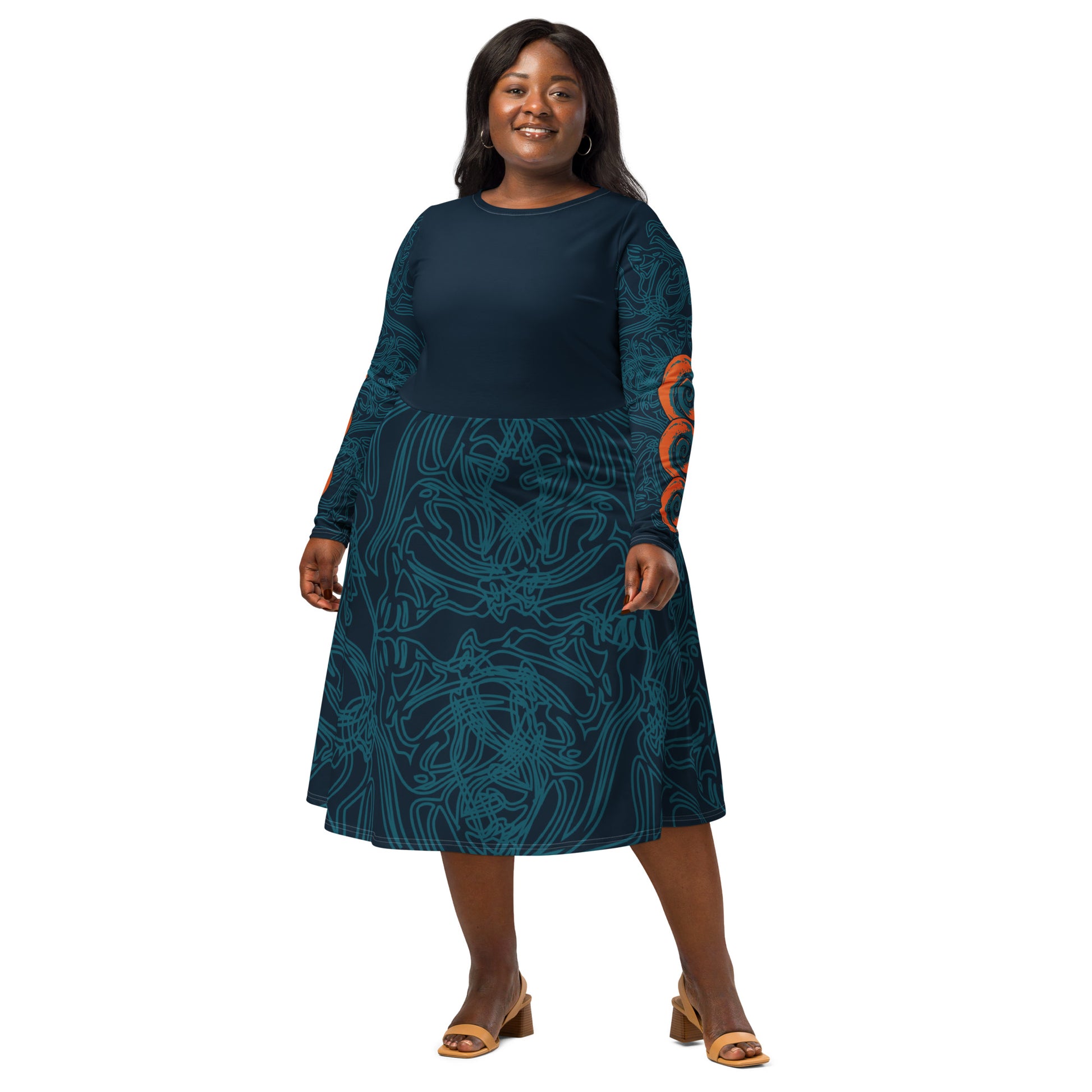 Front view of a navy blue long-sleeve dress with swirling cyan line art, bold orange sleeve accents, and a fit-and-flare design, on a model. 
