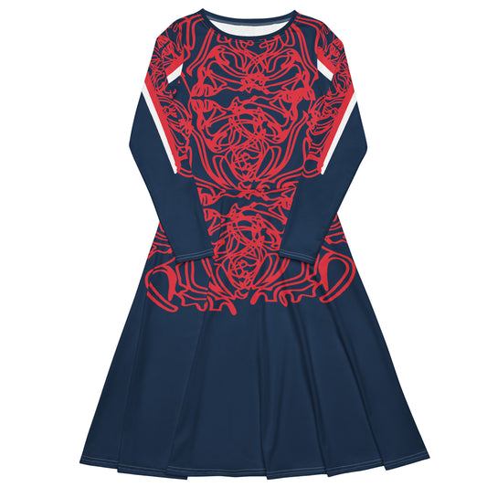 Bold navy and red streetwear dress featuring hand-drawn tribal patterns and mirrored face design, culturally inspired and crafted for a modern, edgy look – KLOE fashion.