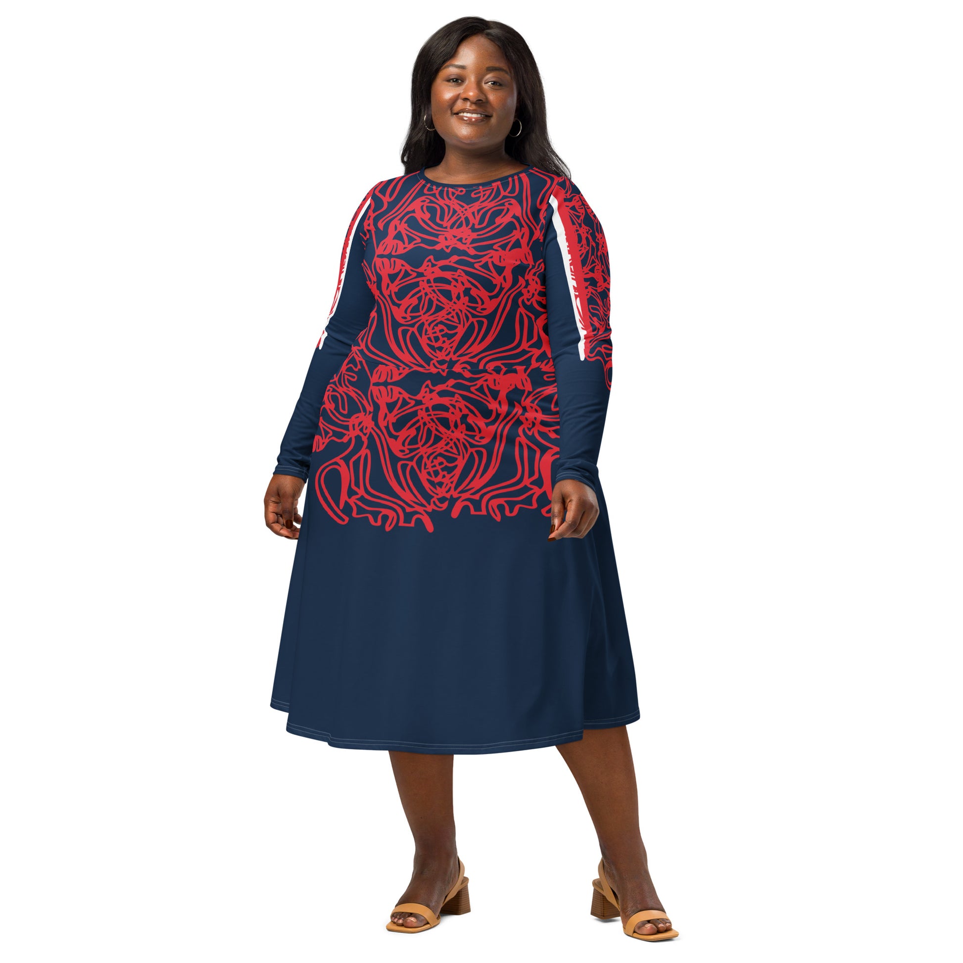 Bold navy and red streetwear dress featuring hand-drawn tribal patterns and mirrored face design, culturally inspired and crafted for a modern, edgy look – KLOE fashion.