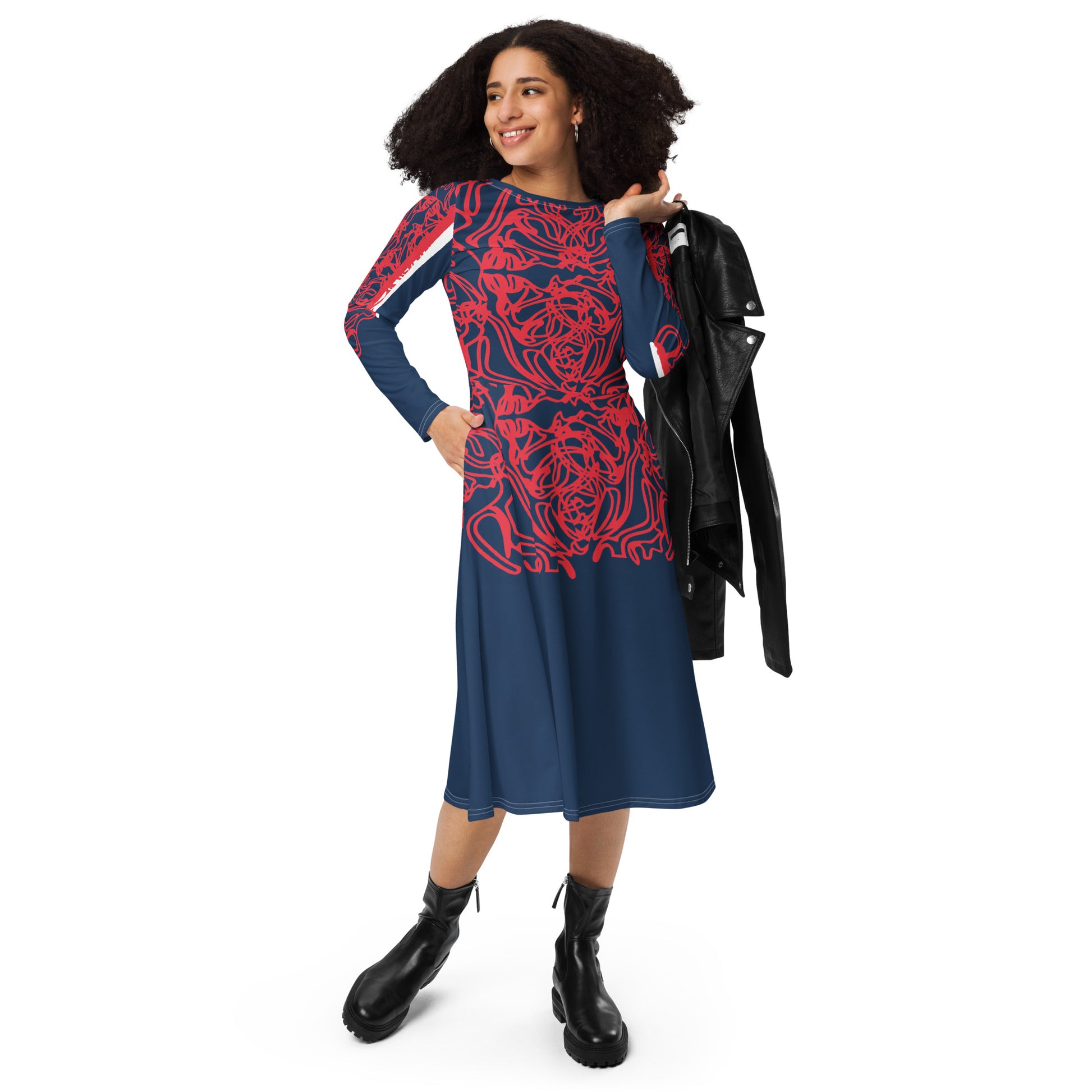 Bold navy and red streetwear dress featuring hand-drawn tribal patterns and mirrored face design, culturally inspired and crafted for a modern, edgy look – KLOE fashion.
