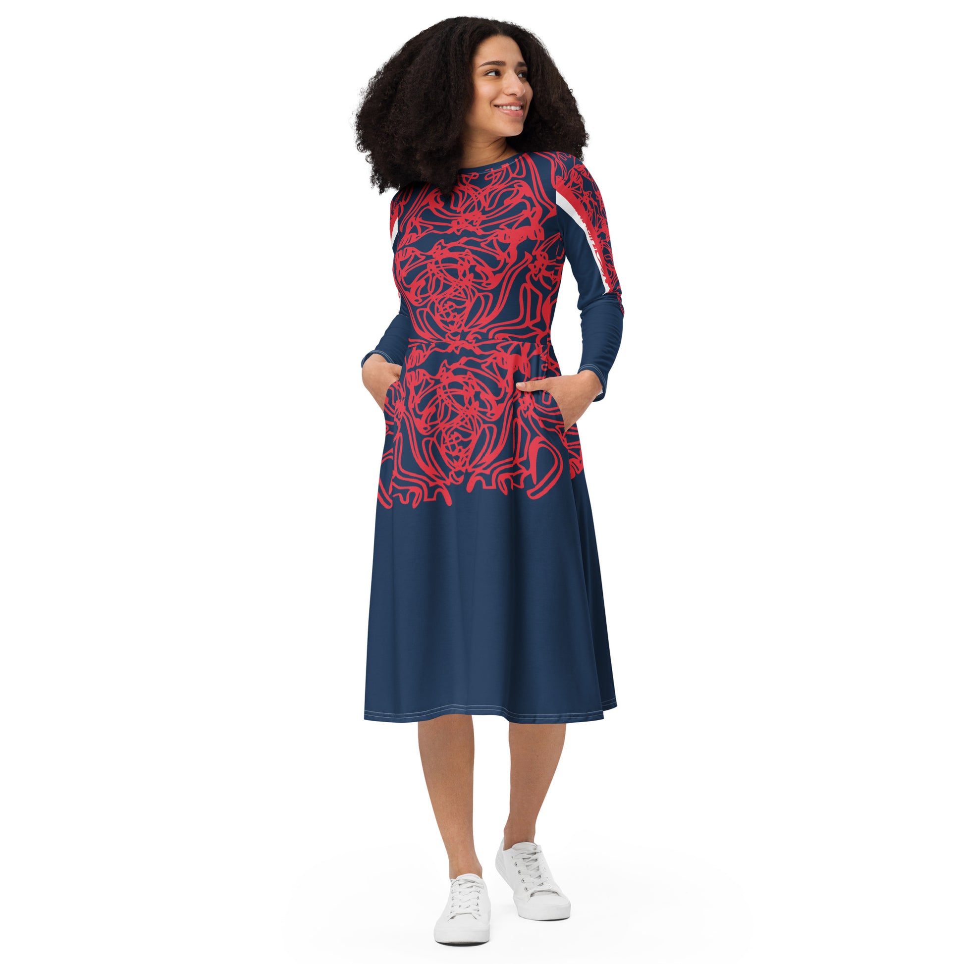 Bold navy and red streetwear dress featuring hand-drawn tribal patterns and mirrored face design, culturally inspired and crafted for a modern, edgy look – KLOE fashion.