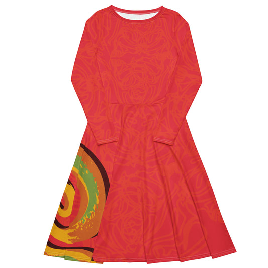 Red dress with vibrant swirl  details and mirrored face design on the back, inspired by cultural art and bold self-expression.