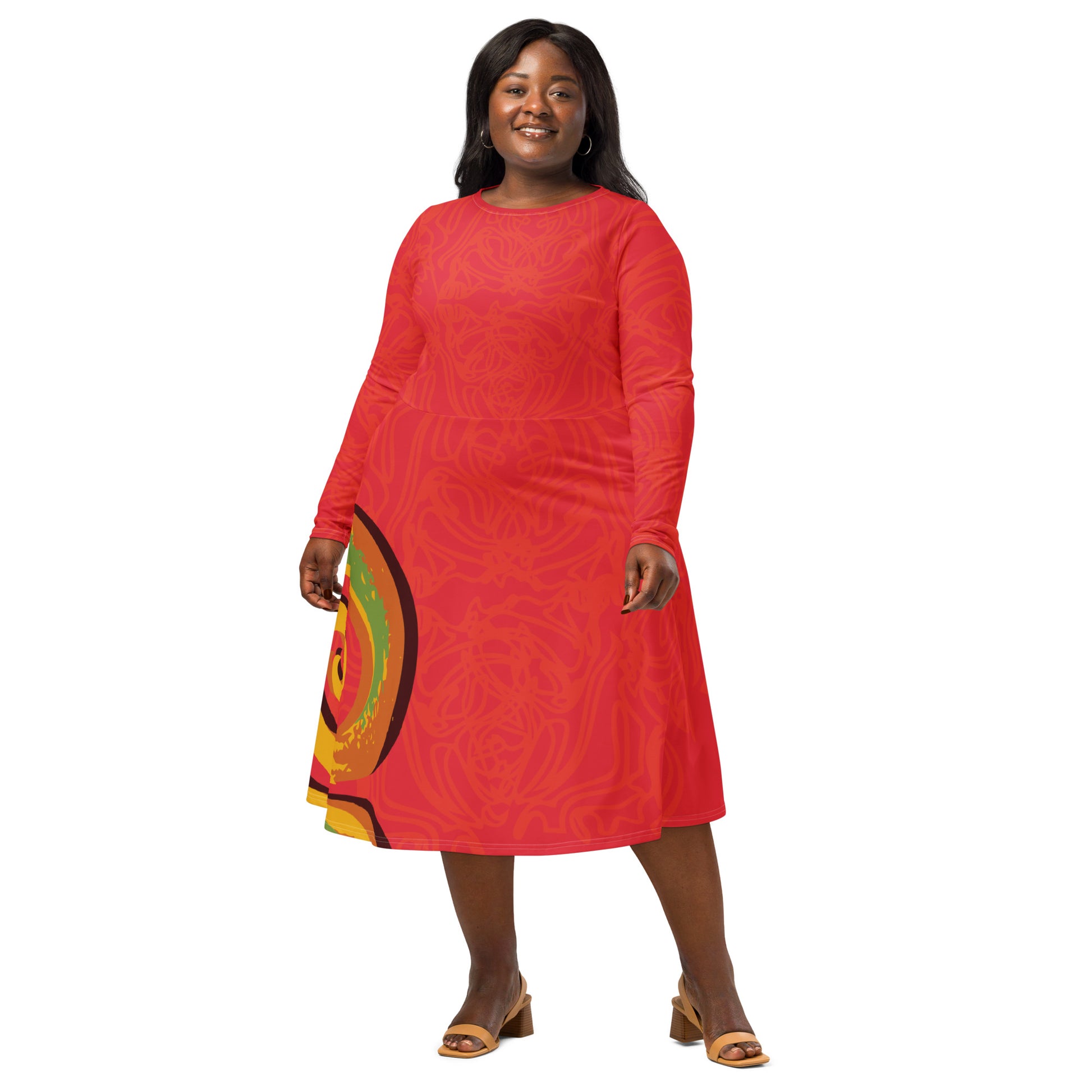 Red dress with vibrant swirl  details and mirrored face design on the back, inspired by cultural art and bold self-expression.