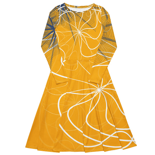 Front view of a golden yellow long sleeve midi dress featuring white swirling line art and navy geometric accents, blending flowing streetwear design with expressive hand-drawn patterns.

