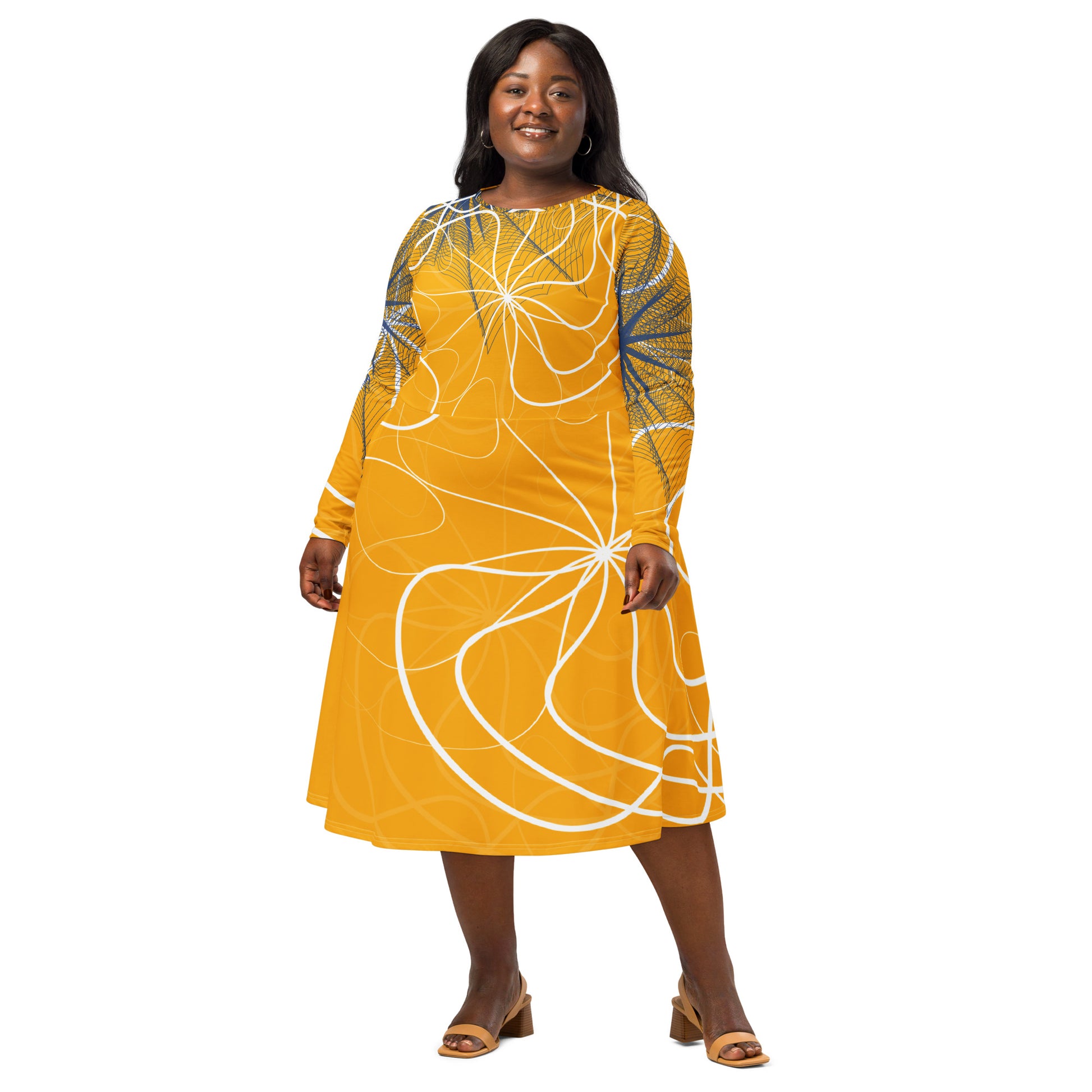 Front view of a golden yellow long sleeve midi dress featuring white swirling line art and navy geometric accents, blending flowing streetwear design with expressive hand-drawn patterns.