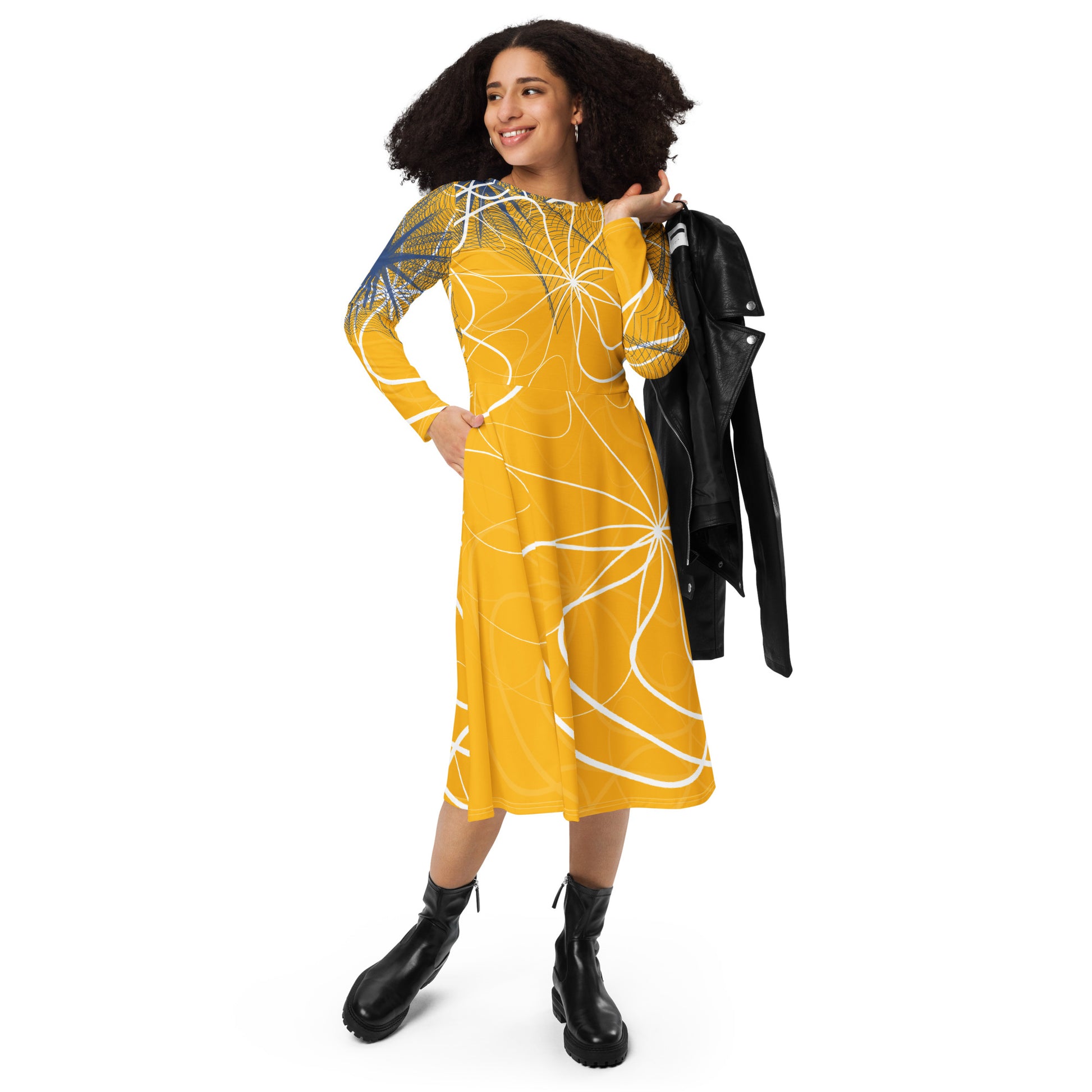 Front view of a golden yellow long sleeve midi dress featuring white swirling line art and navy geometric accents, blending flowing streetwear design with expressive hand-drawn patterns.