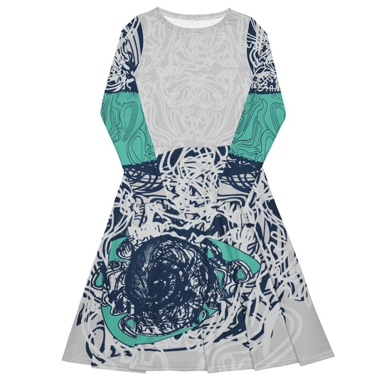 Long sleeve midi dress with full-body abstract print in navy and jade, featuring hand-drawn mirrored faces and layered spiral motifs—designed to express standout individuality.