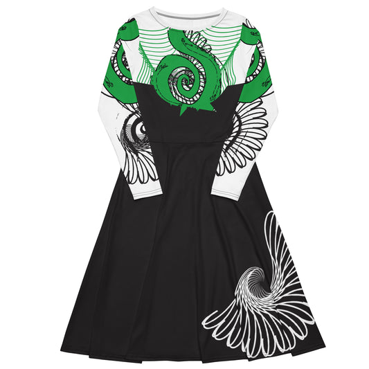 Hand-illustrated long-sleeve midi dress featuring bold green spirals, a drawing of two mirrored faces, and dynamic wing-inspired linework — designed for authentic self-expression and rooted in global artistic influence, exclusive to KLOE.